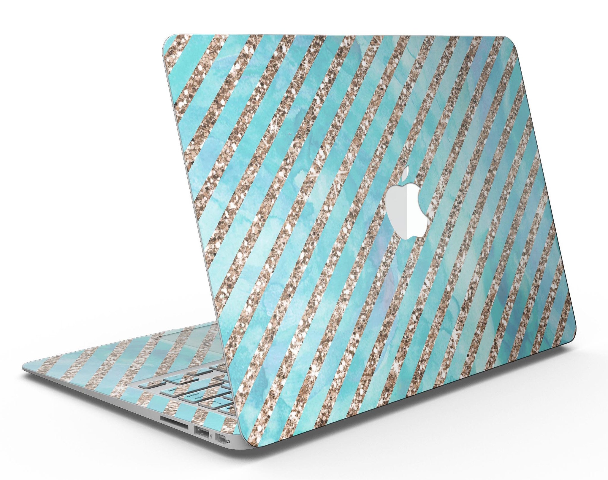 Blue watercolor and gold glitter diagonal stripes MacBook Air skin, showcasing a stylish design that protects the device.