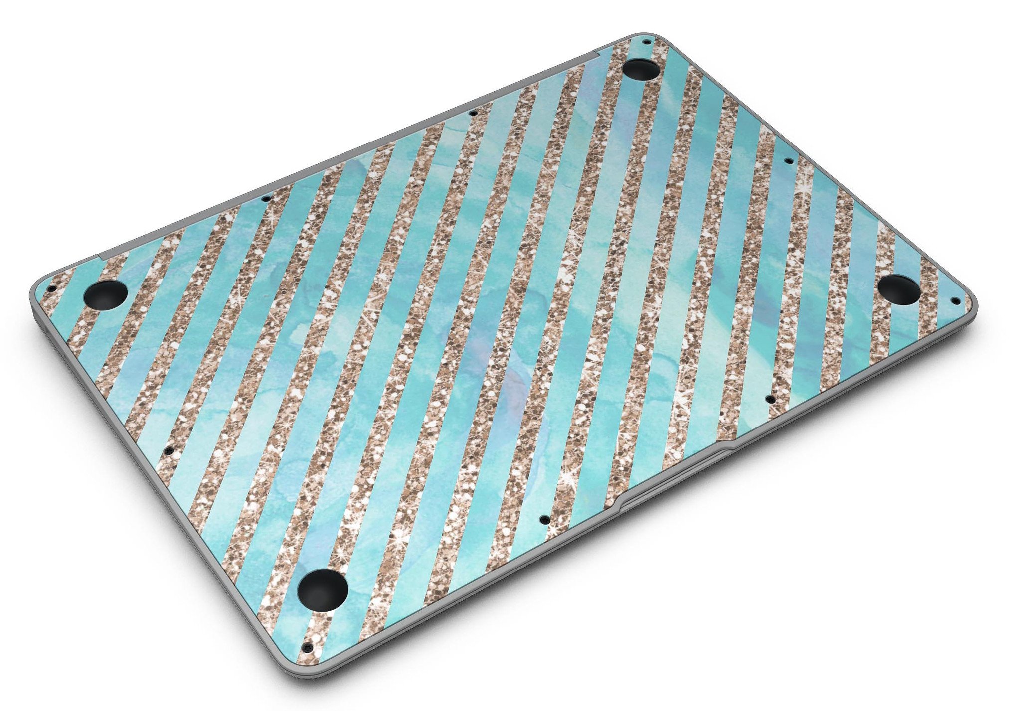 Blue watercolor and gold glitter diagonal stripes MacBook Air skin, showcasing a stylish design that protects the device.