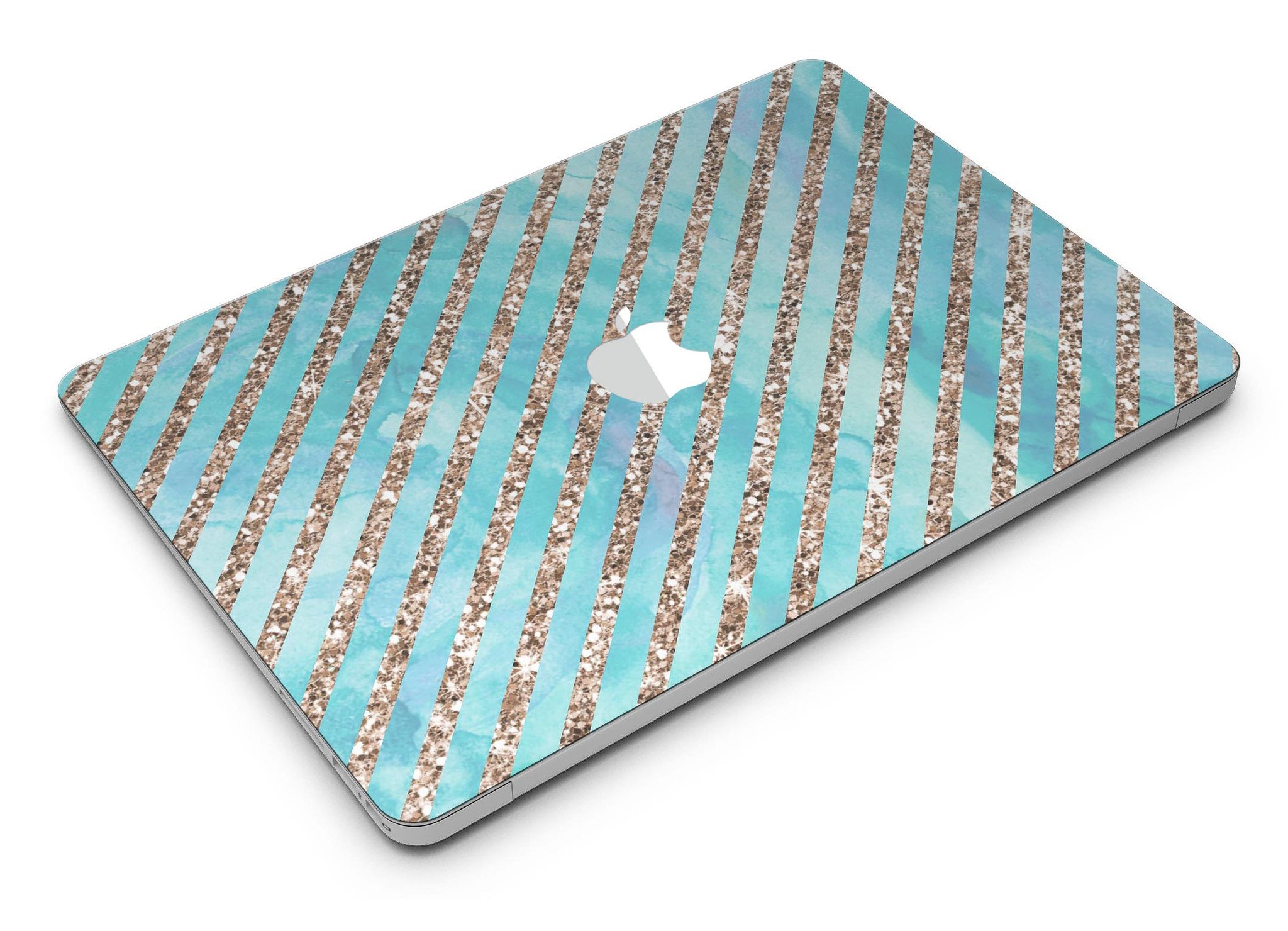 Blue watercolor and gold glitter diagonal stripes MacBook Air skin, showcasing a stylish design that protects the device.