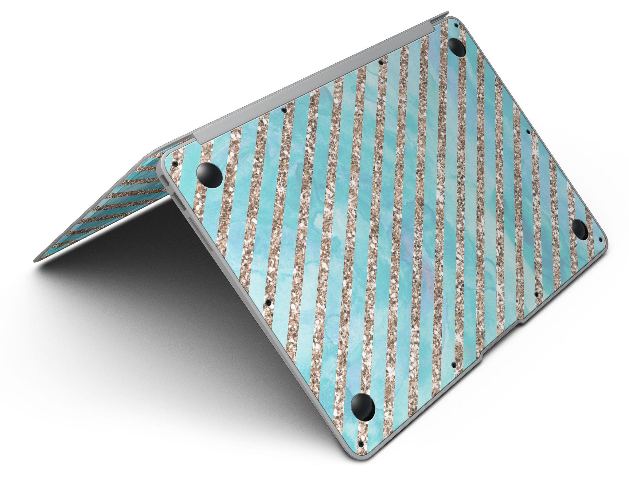 Blue watercolor and gold glitter diagonal stripes MacBook Air skin, showcasing a stylish design that protects the device.