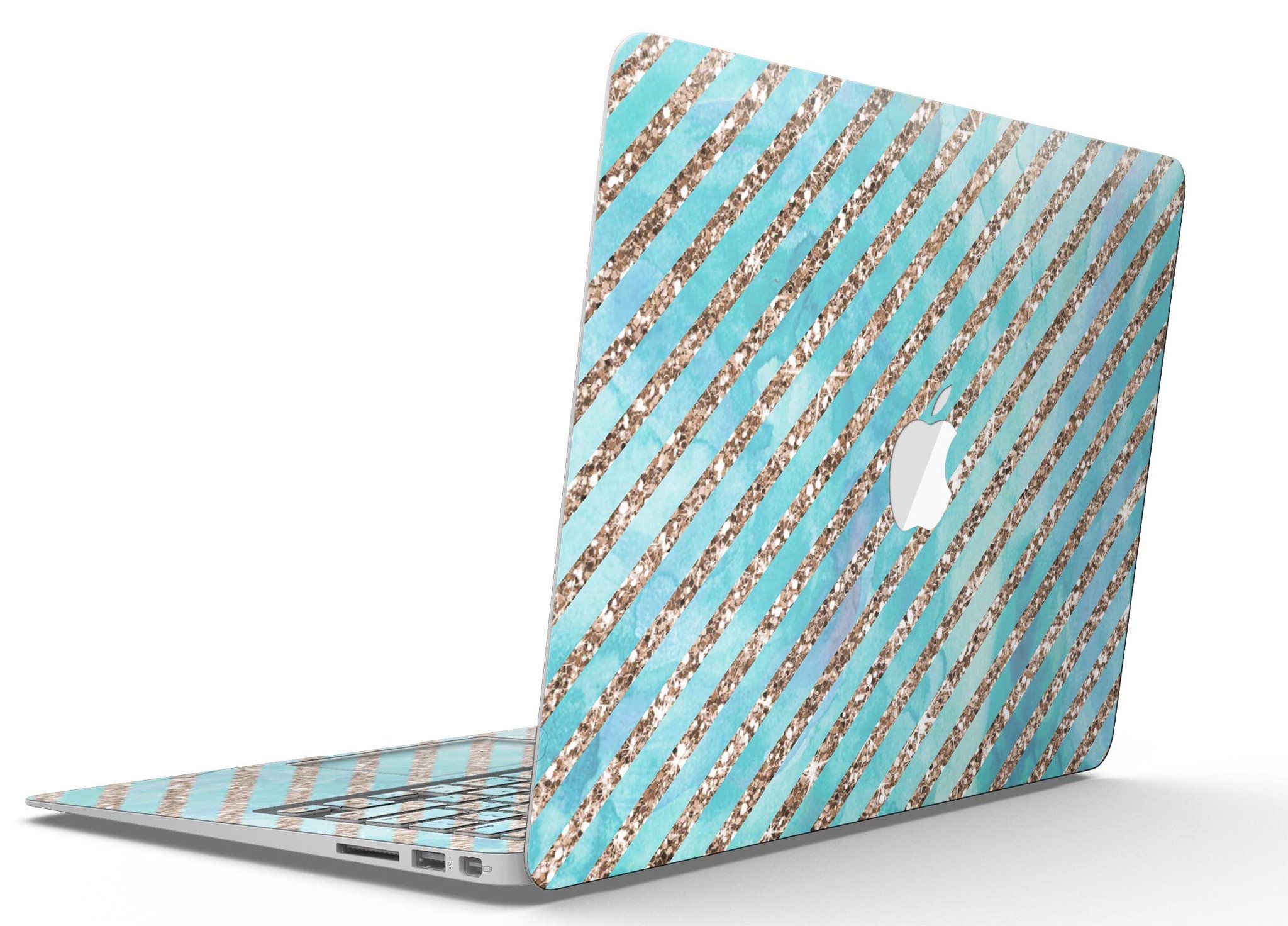 Blue watercolor and gold glitter diagonal stripes MacBook Air skin, showcasing a stylish design that protects the device.