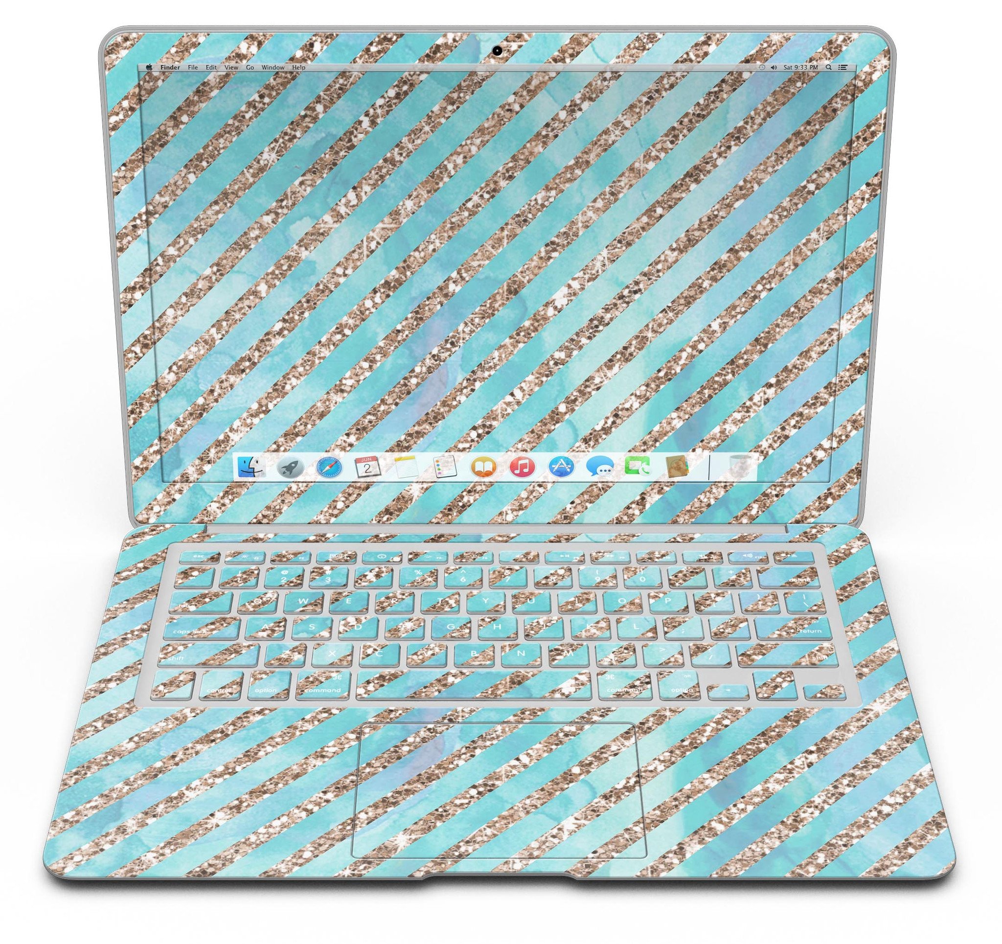 Blue watercolor and gold glitter diagonal stripes MacBook Air skin, showcasing a stylish design that protects the device.