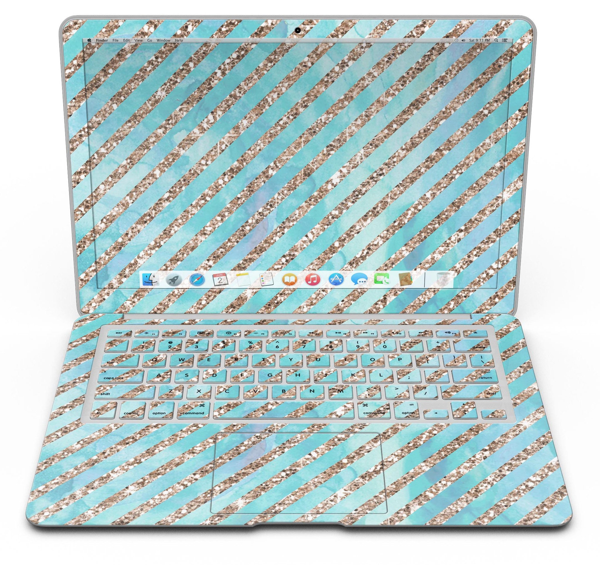 Blue watercolor and gold glitter diagonal stripes MacBook Air skin, showcasing a stylish design that protects the device.