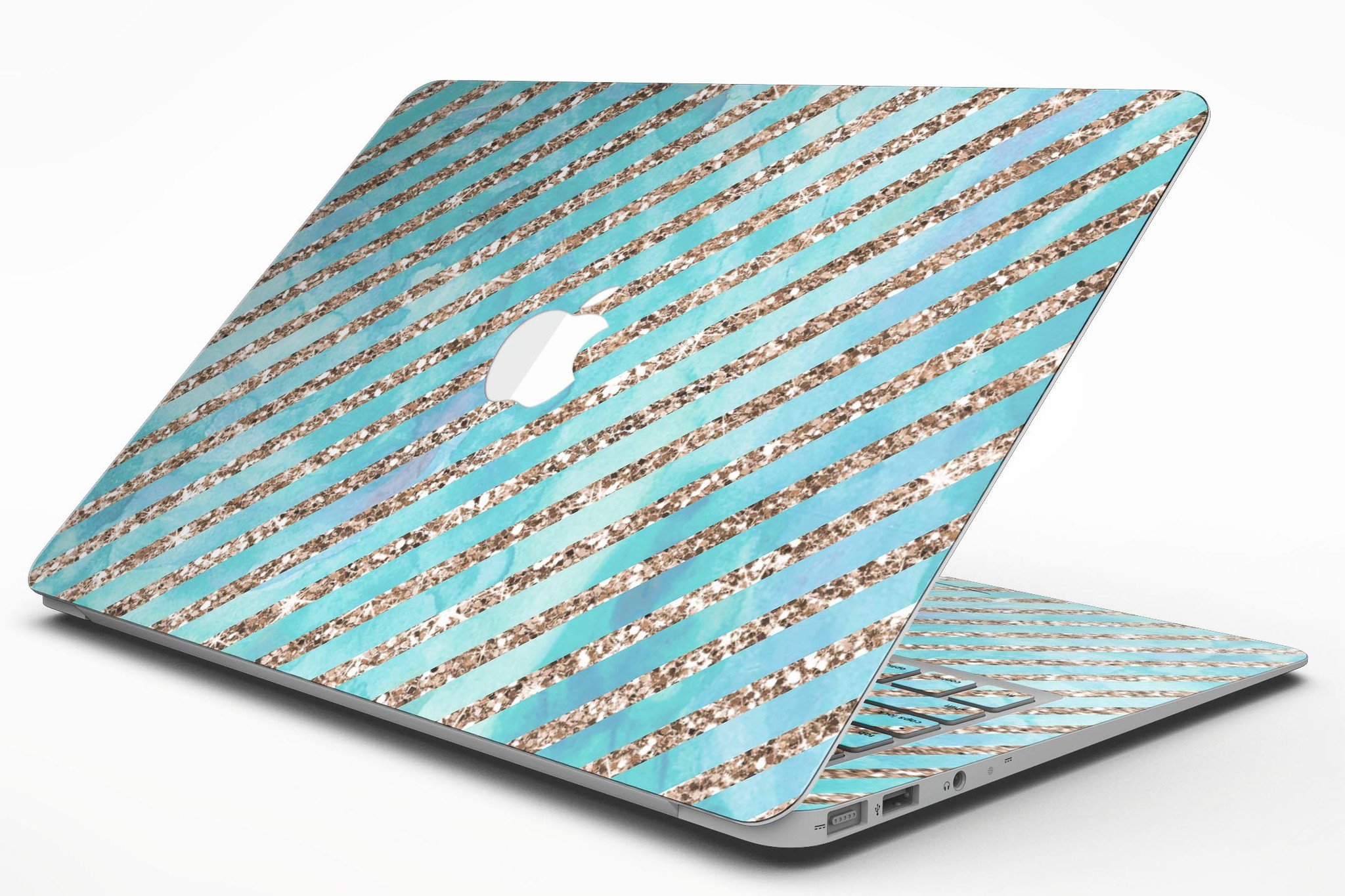 Blue watercolor and gold glitter diagonal stripes MacBook Air skin, showcasing a stylish design that protects the device.