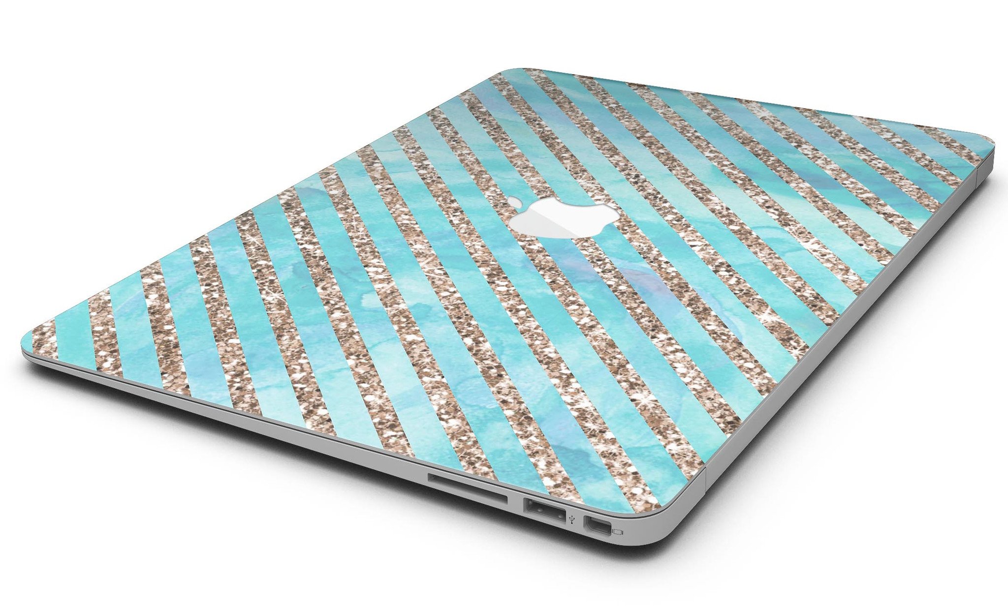 Blue watercolor and gold glitter diagonal stripes MacBook Air skin, showcasing a stylish design that protects the device.