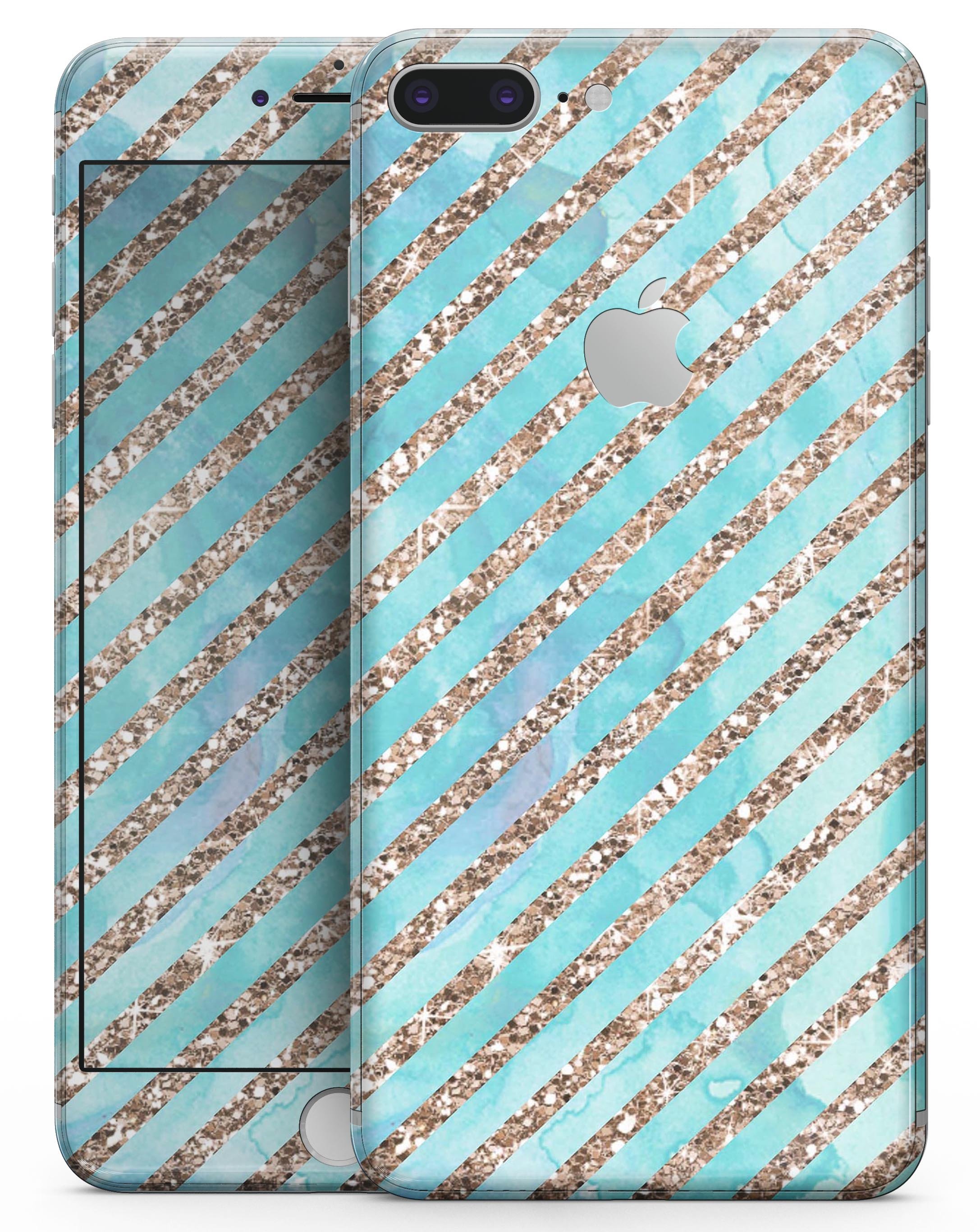 Blue Watercolor and Gold Glitter Diagonal Stripes Skin-kit for iPhone 8 and 8 Plus, showcasing vibrant colors and stylish design.