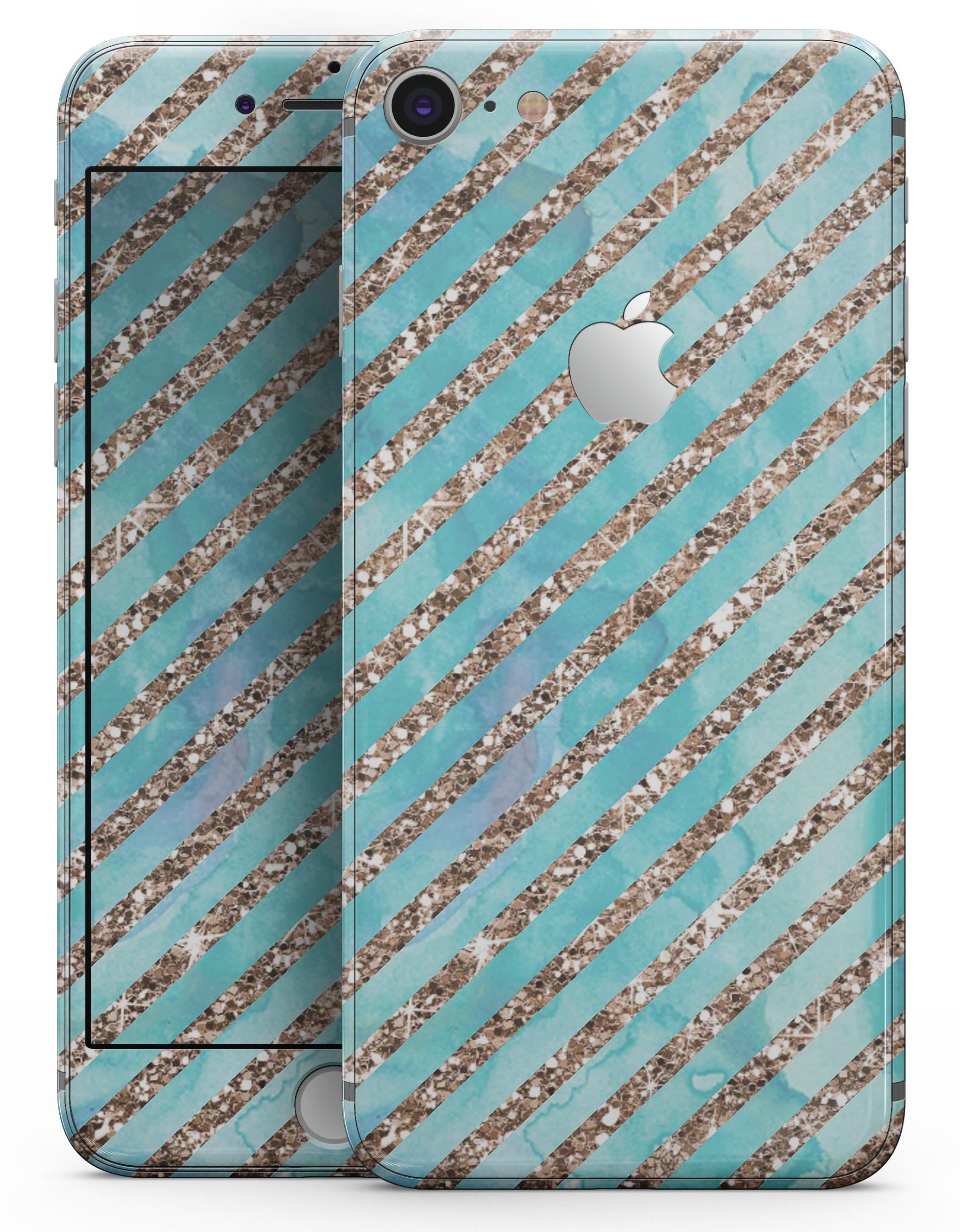 Blue Watercolor and Gold Glitter Diagonal Stripes Skin-kit for iPhone 8 and 8 Plus, showcasing vibrant colors and stylish design.