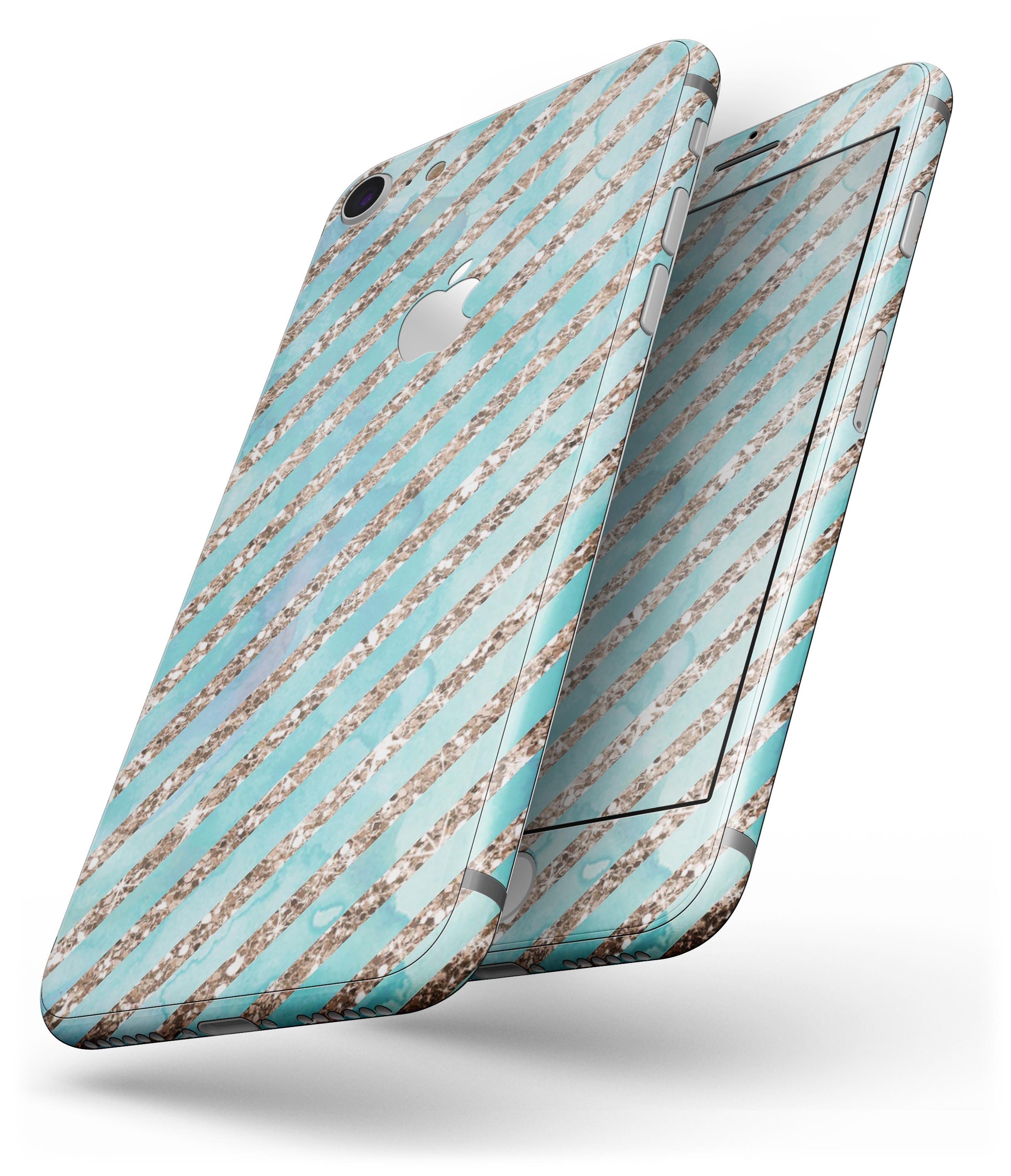 Blue Watercolor and Gold Glitter Diagonal Stripes Skin-kit for iPhone 8 and 8 Plus, showcasing vibrant colors and stylish design.