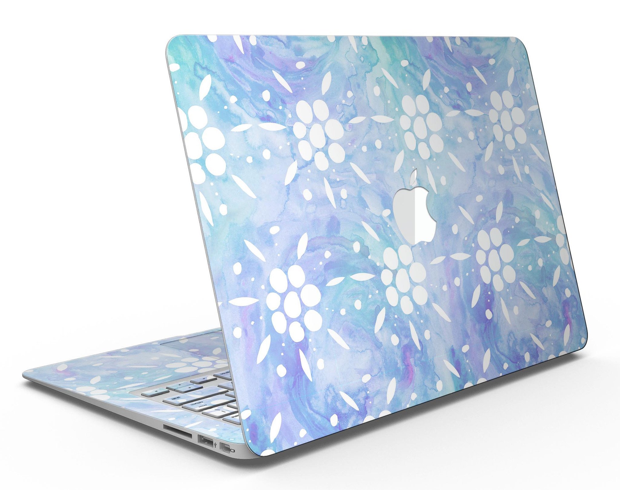 Blue Watercolor and White Flower Print Skin for MacBook Air, showcasing vibrant colors and floral patterns.