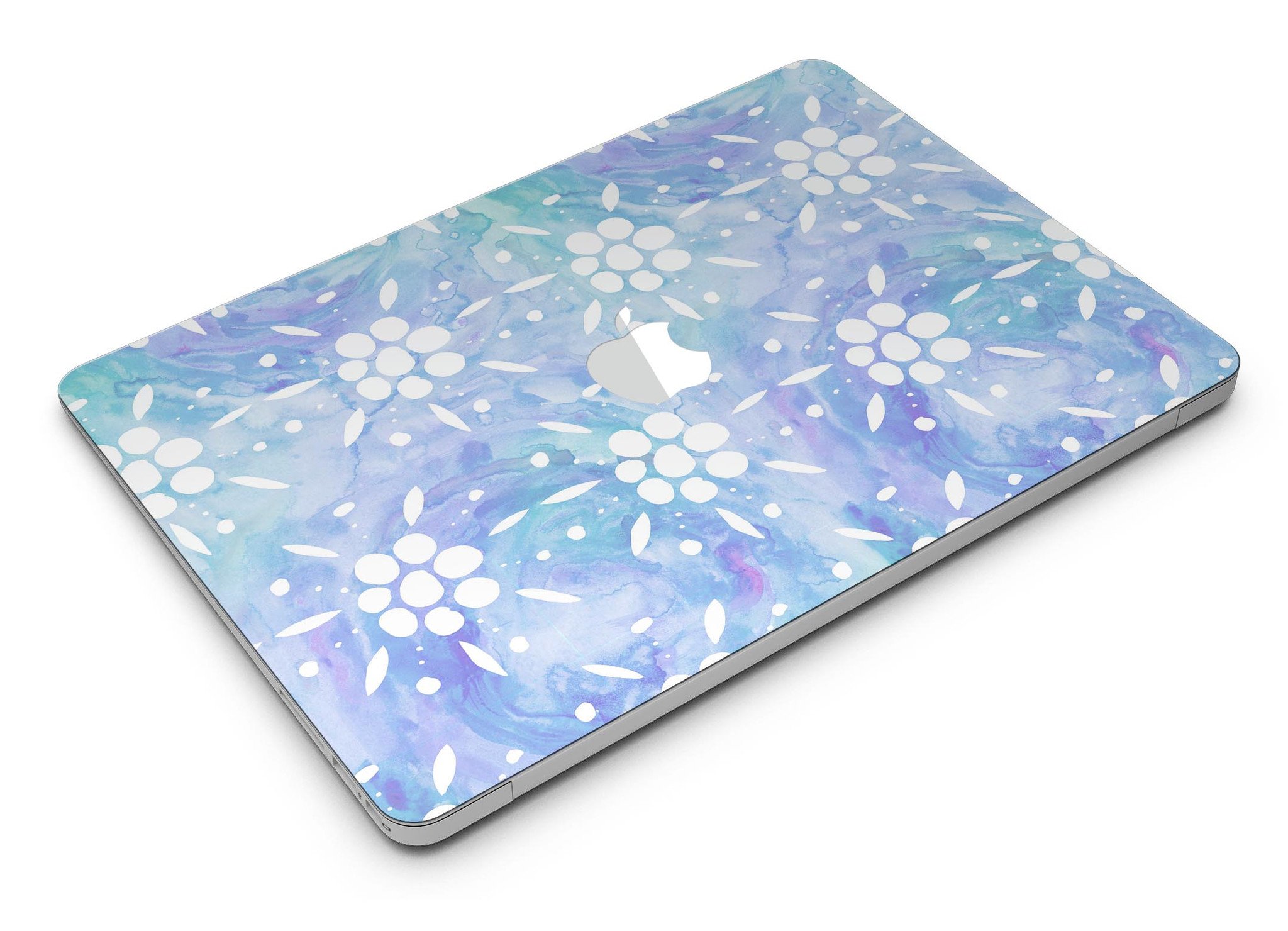 Blue Watercolor and White Flower Print Skin for MacBook Air, showcasing vibrant colors and floral patterns.