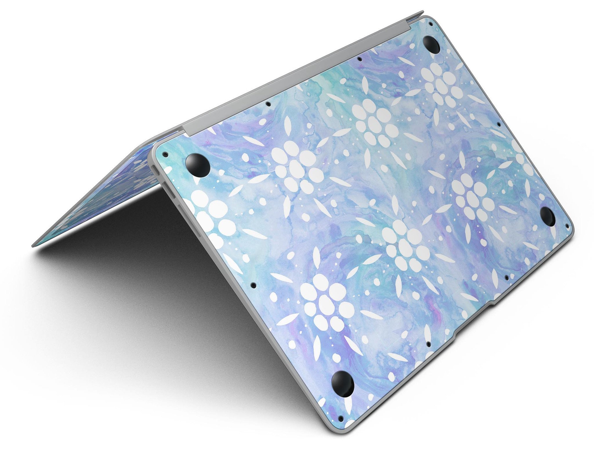 Blue Watercolor and White Flower Print Skin for MacBook Air, showcasing vibrant colors and floral patterns.