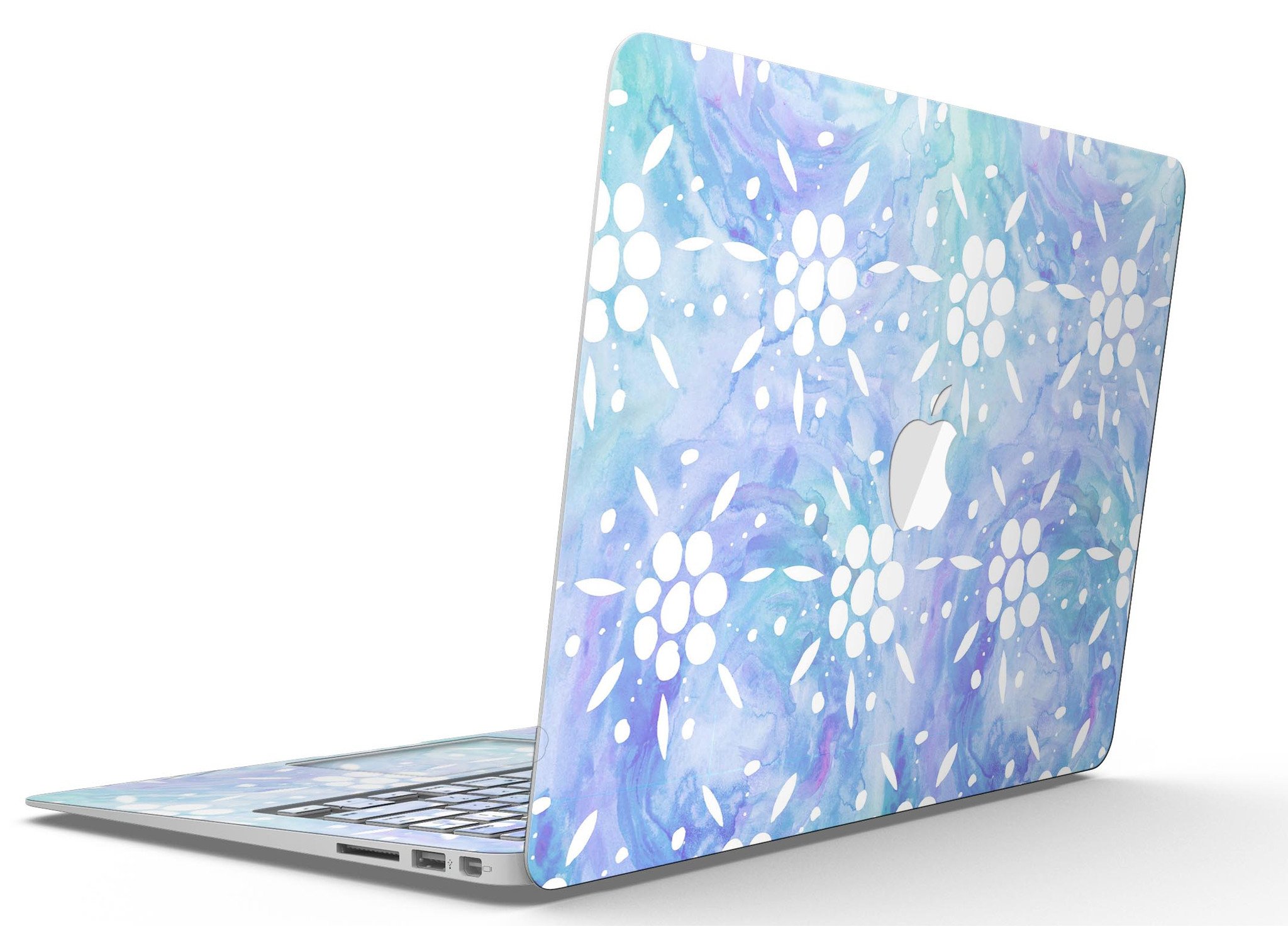 Blue Watercolor and White Flower Print Skin for MacBook Air, showcasing vibrant colors and floral patterns.