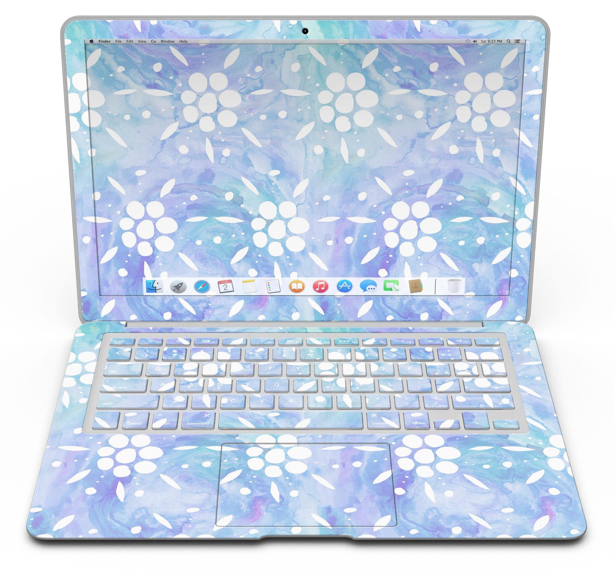 Blue Watercolor and White Flower Print Skin for MacBook Air, showcasing vibrant colors and floral patterns.