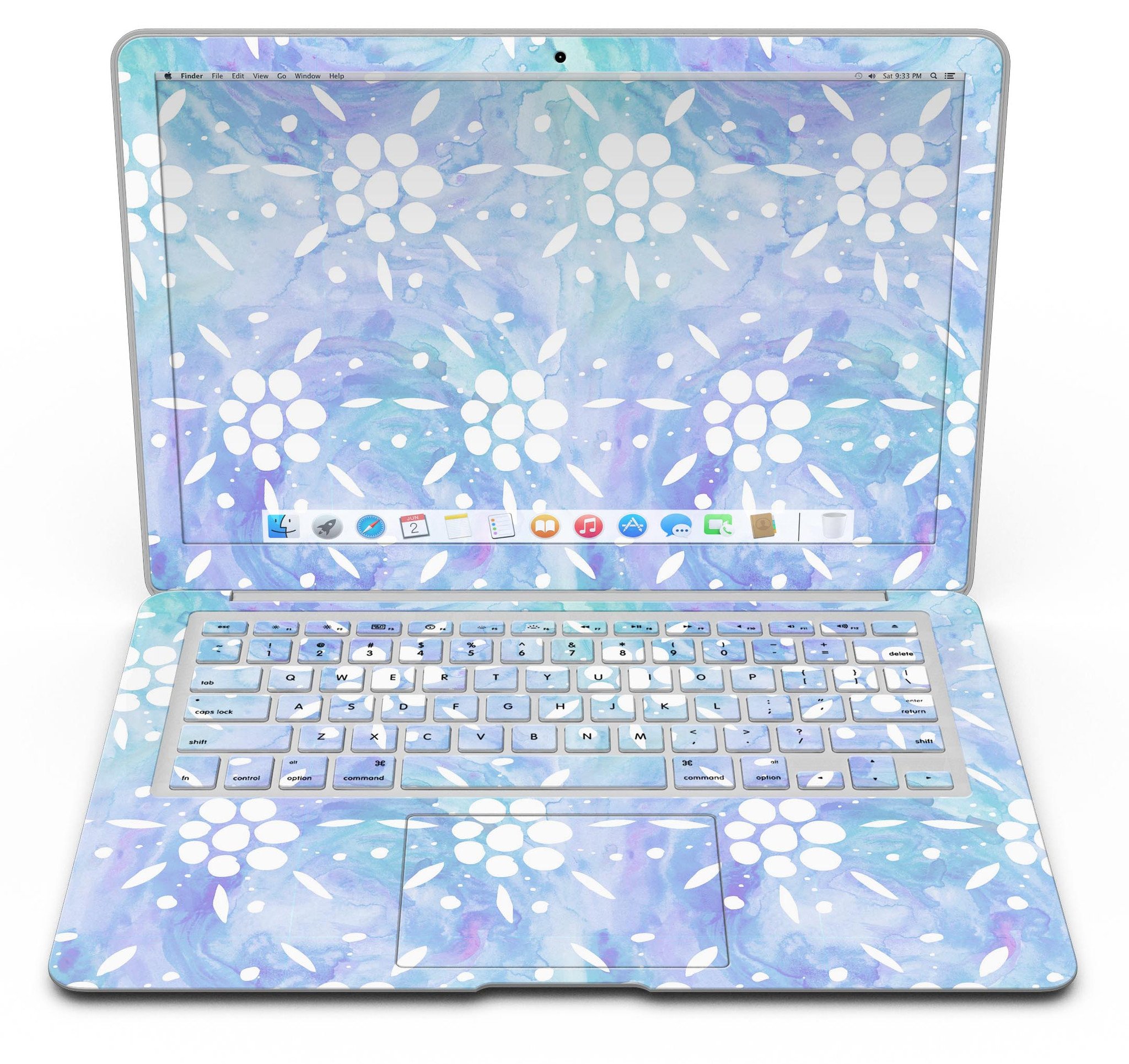 Blue Watercolor and White Flower Print Skin for MacBook Air, showcasing vibrant colors and floral patterns.