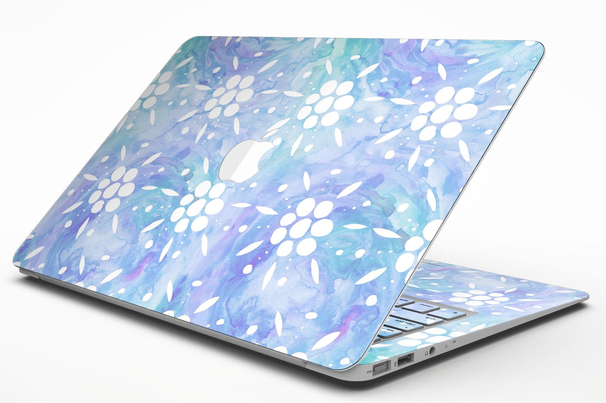 Blue Watercolor and White Flower Print Skin for MacBook Air, showcasing vibrant colors and floral patterns.