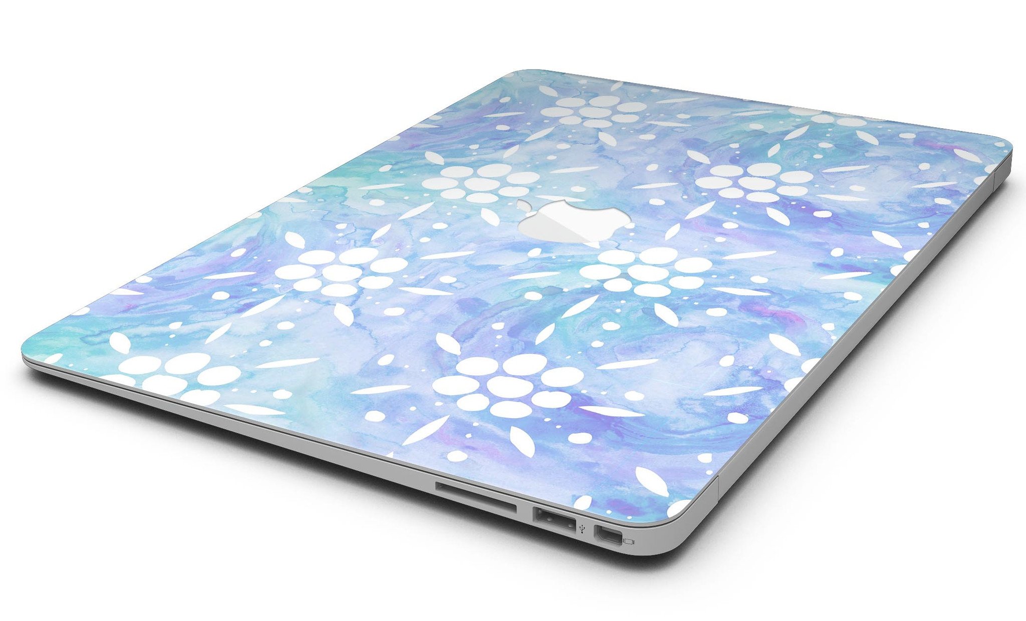 Blue Watercolor and White Flower Print Skin for MacBook Air, showcasing vibrant colors and floral patterns.