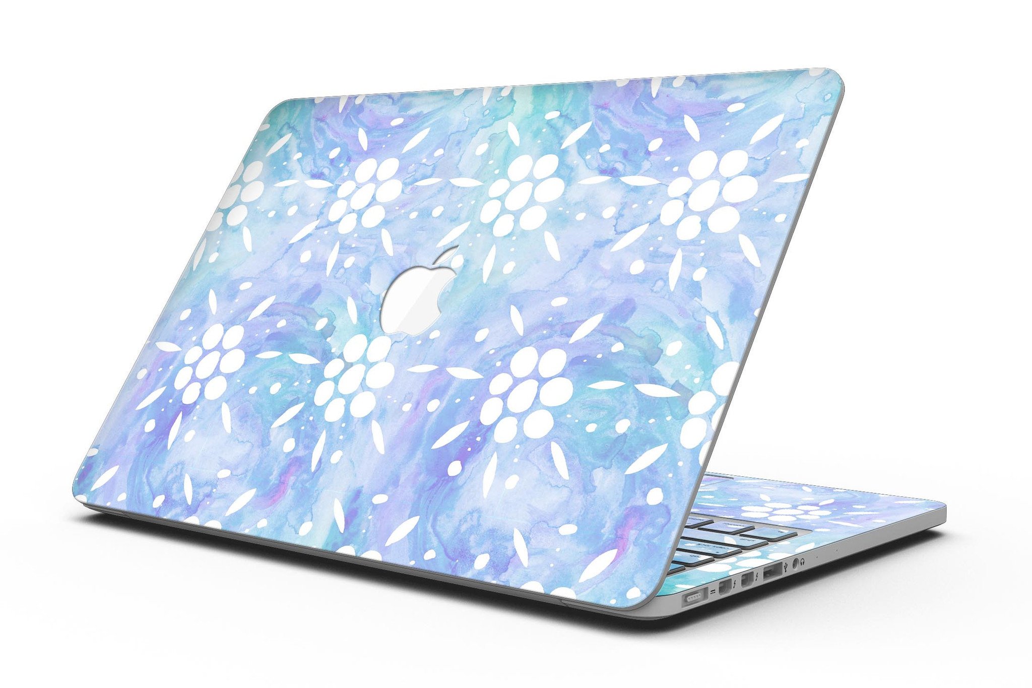 Blue Watercolor and White Flower Print skin for MacBook Pro, showcasing vibrant colors and intricate floral patterns.