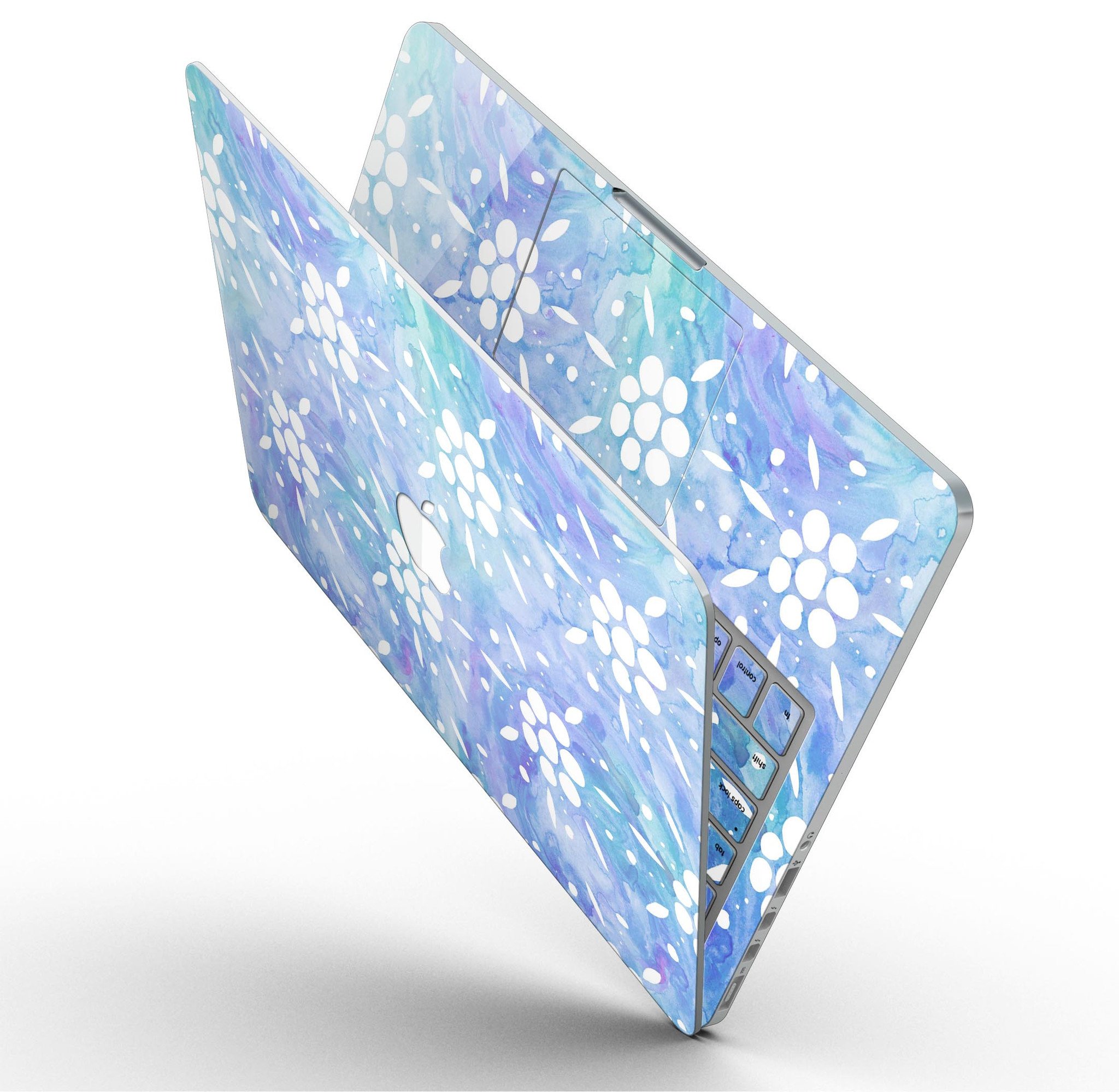 Blue Watercolor and White Flower Print skin for MacBook Pro, showcasing vibrant colors and intricate floral patterns.