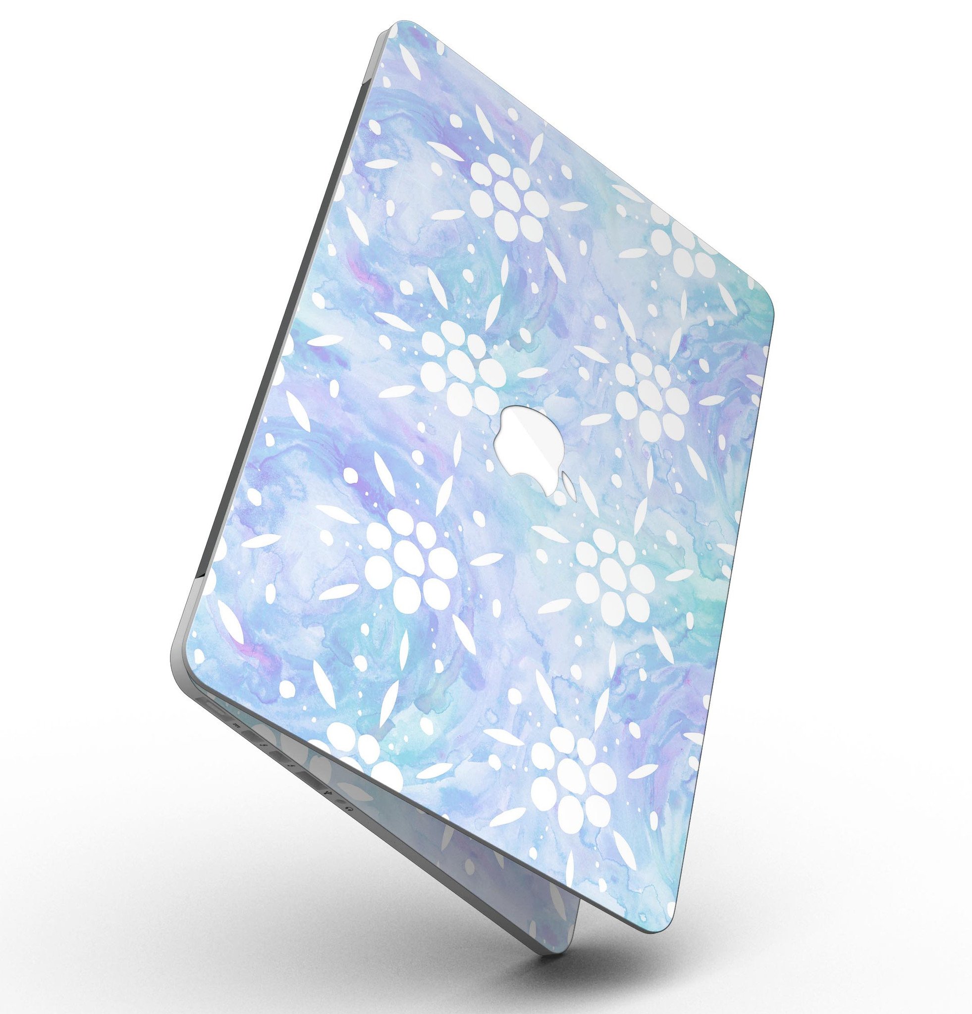 Blue Watercolor and White Flower Print skin for MacBook Pro, showcasing vibrant colors and intricate floral patterns.