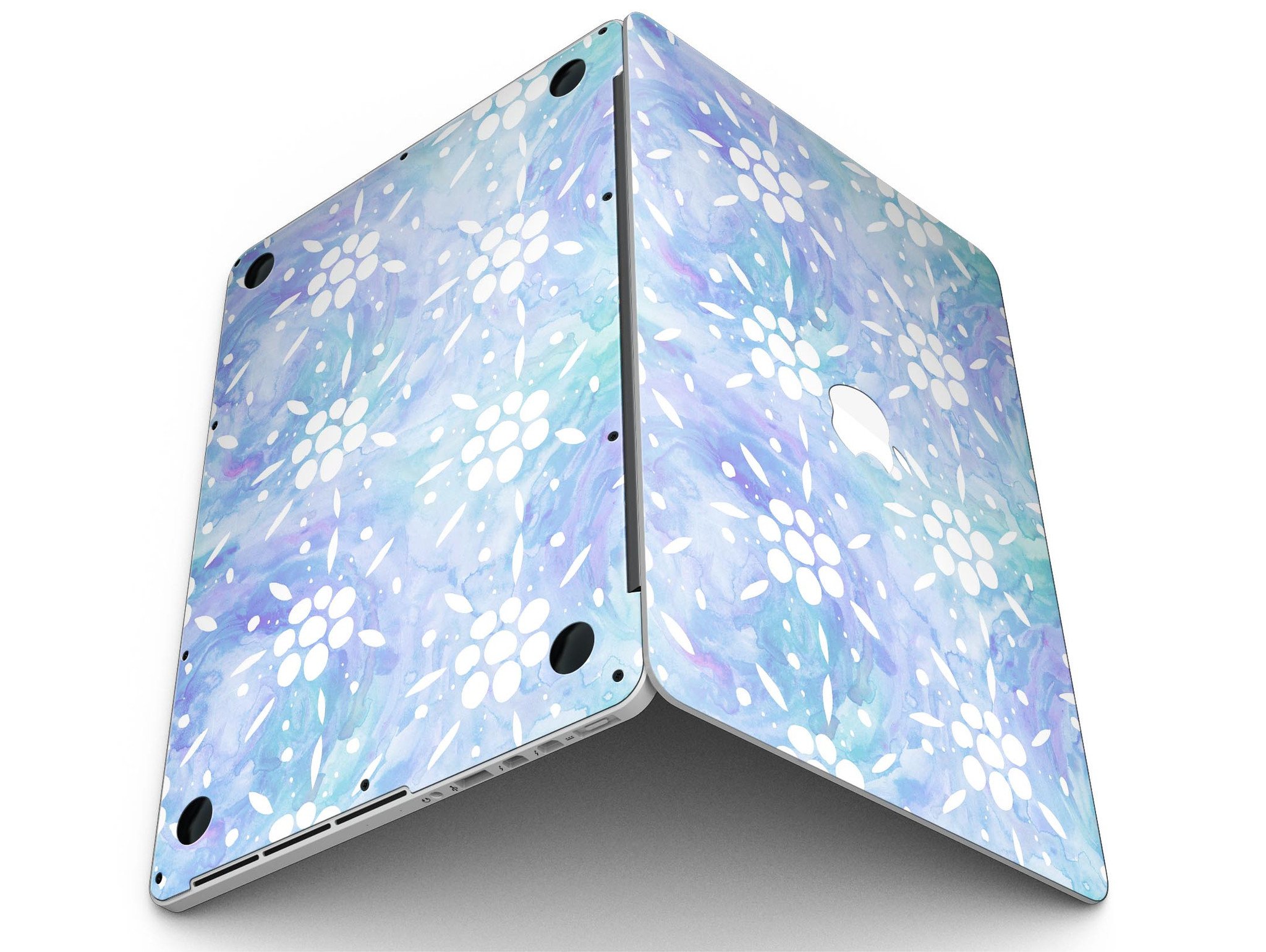 Blue Watercolor and White Flower Print skin for MacBook Pro, showcasing vibrant colors and intricate floral patterns.