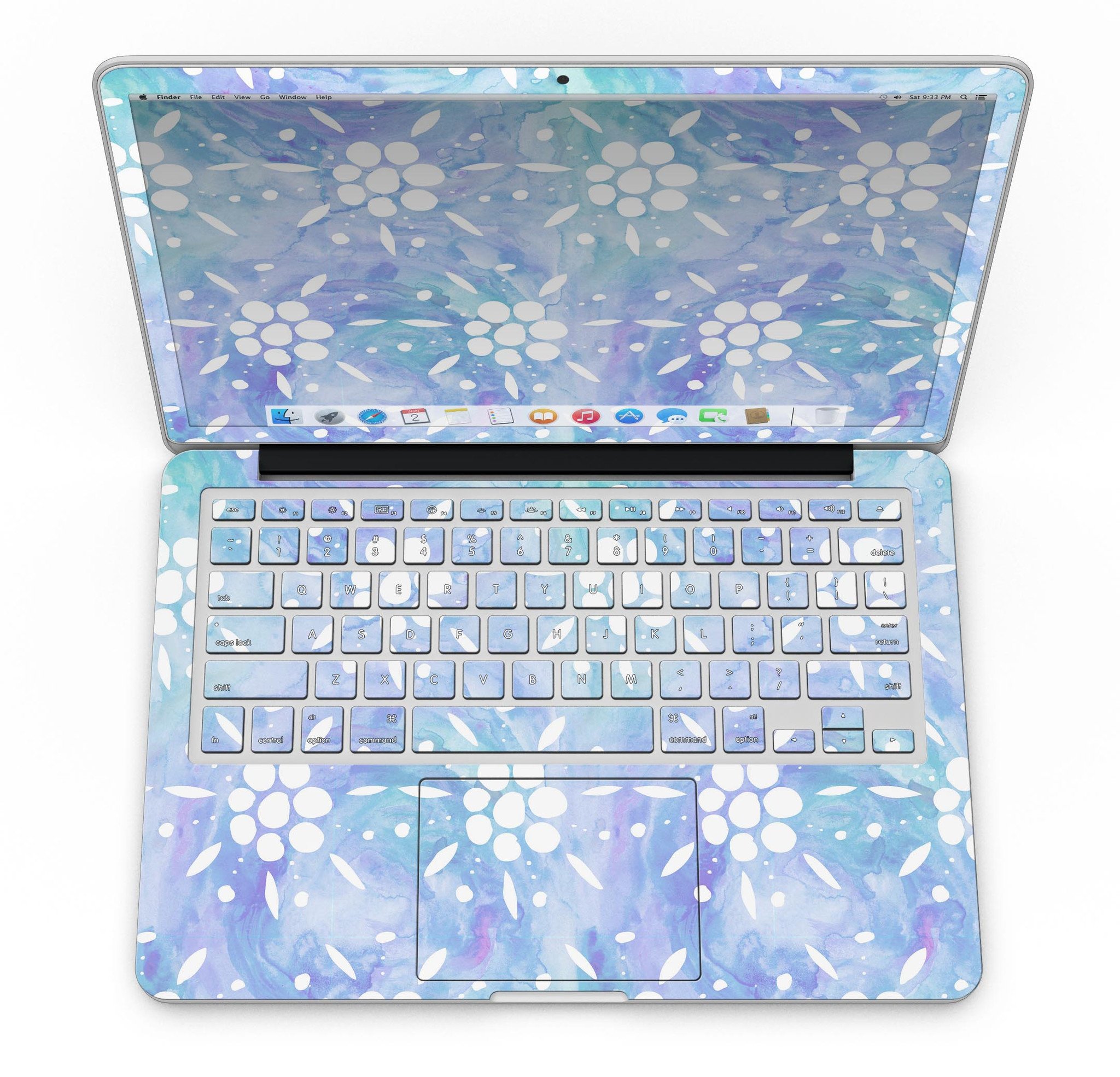 Blue Watercolor and White Flower Print skin for MacBook Pro, showcasing vibrant colors and intricate floral patterns.