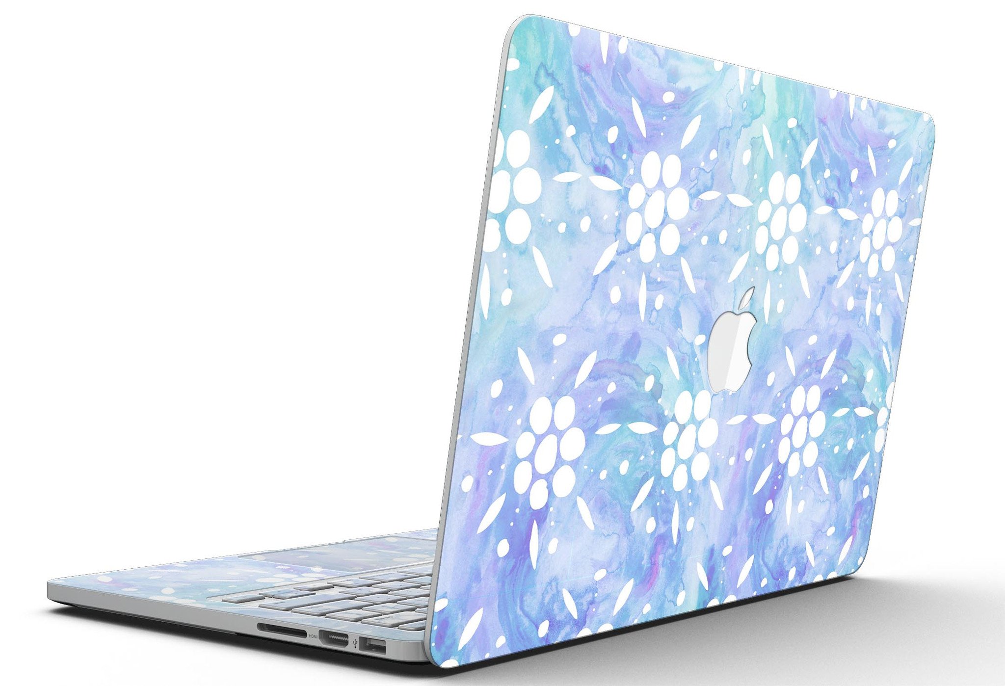 Blue Watercolor and White Flower Print skin for MacBook Pro, showcasing vibrant colors and intricate floral patterns.