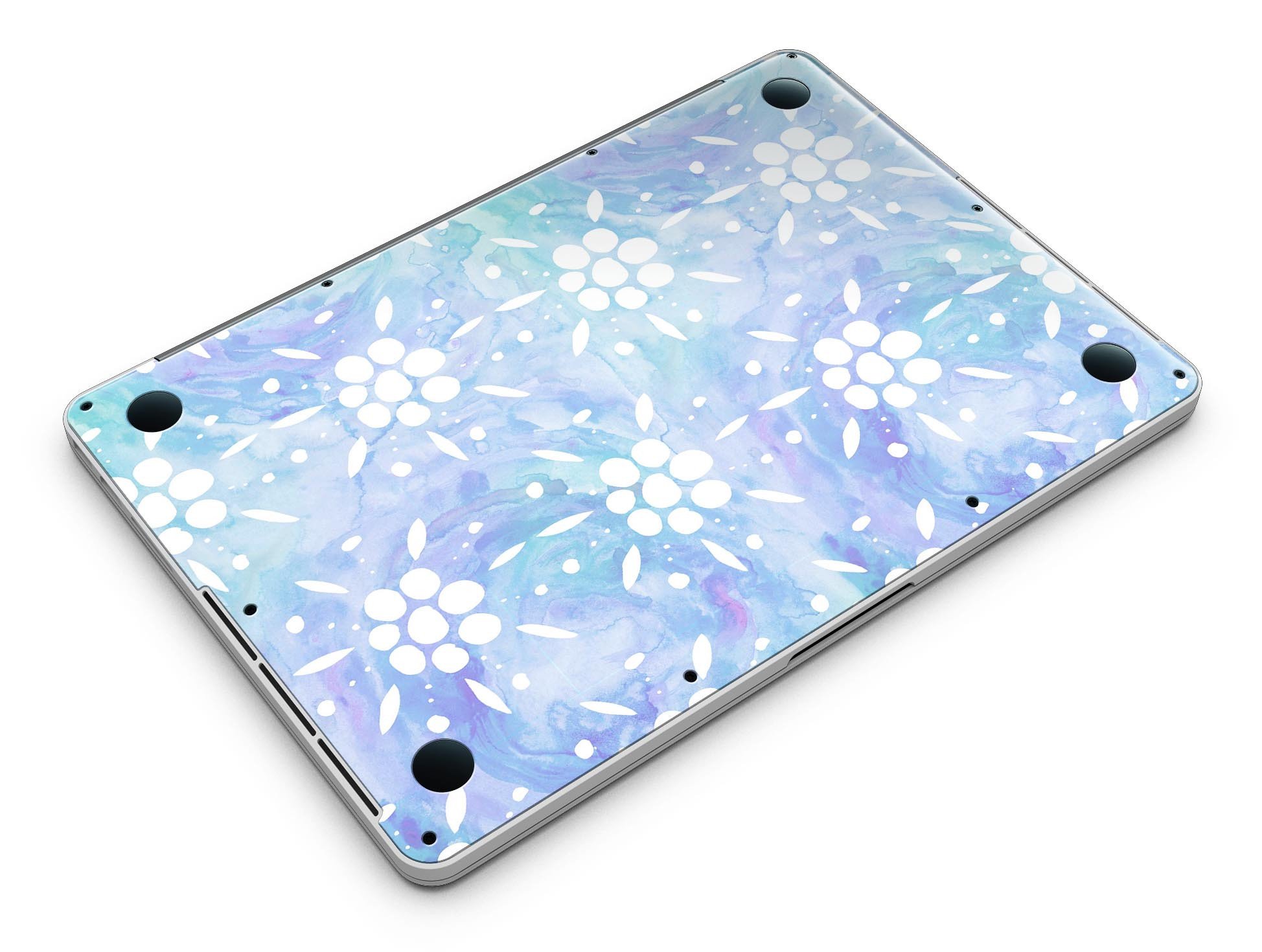 Blue Watercolor and White Flower Print skin for MacBook Pro, showcasing vibrant colors and intricate floral patterns.