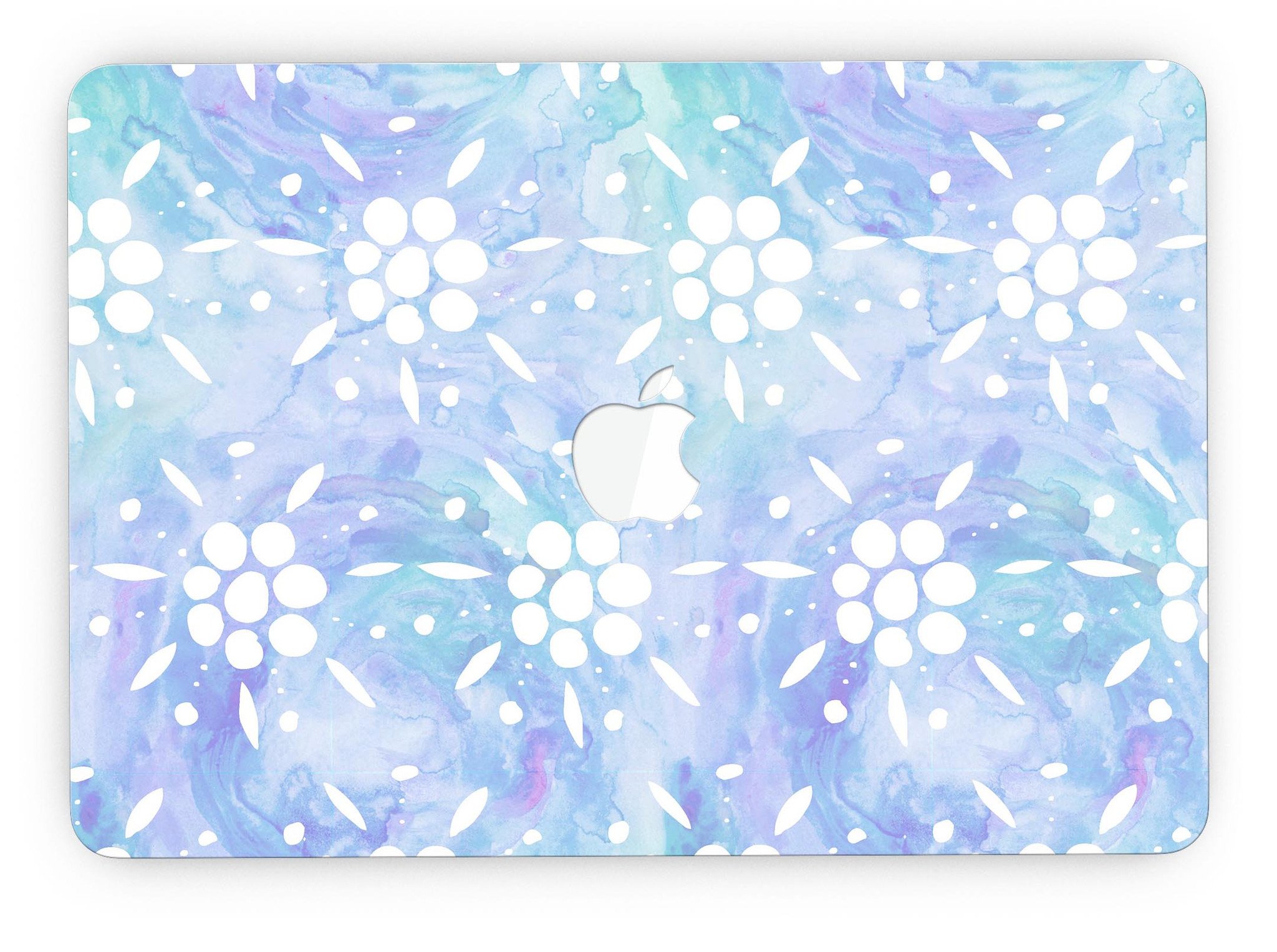 Blue Watercolor and White Flower Print skin for MacBook Pro, showcasing vibrant colors and intricate floral patterns.