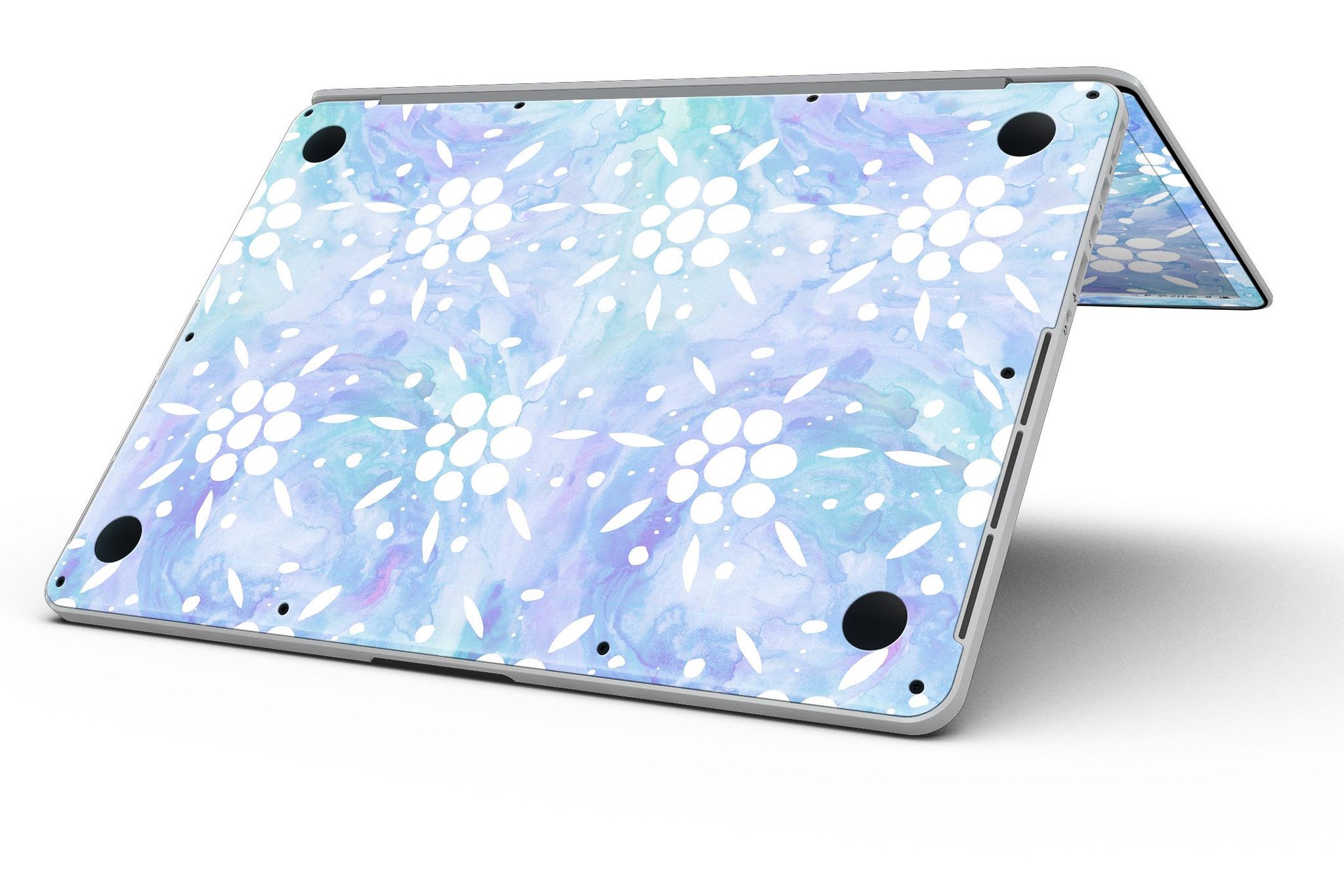 Blue Watercolor and White Flower Print skin for MacBook Pro, showcasing vibrant colors and intricate floral patterns.