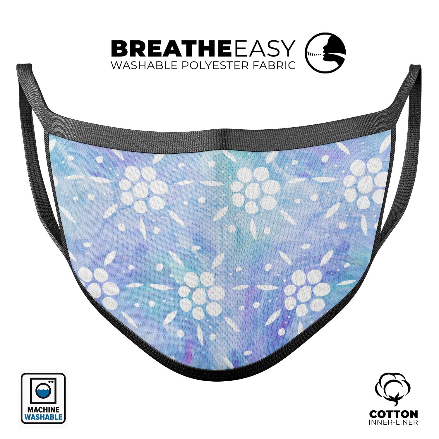 Blue watercolor face mask featuring a white flower print pattern, showcasing a stylish and comfortable design.