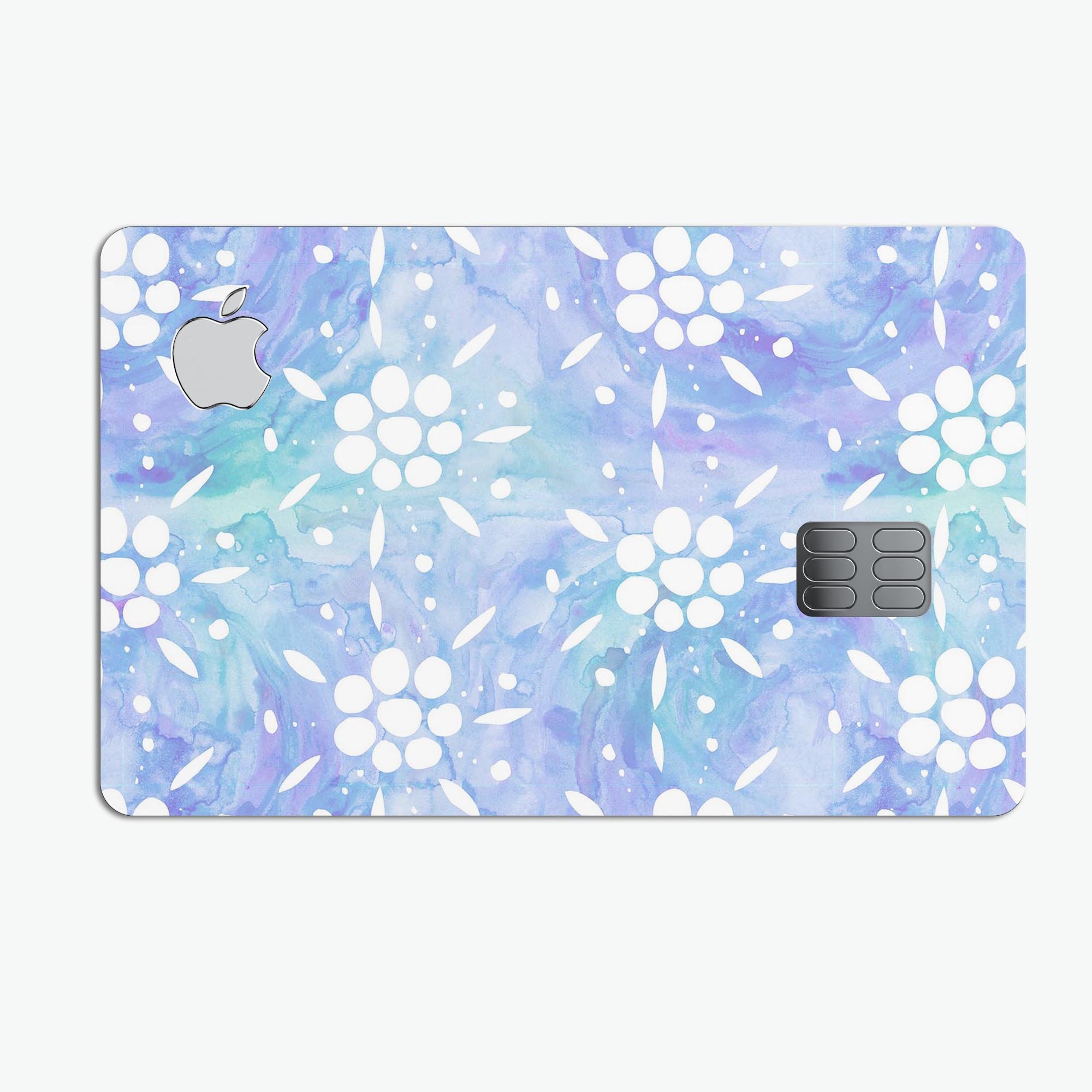 Blue Watercolor and White Flower Print skin for Apple Card, showcasing vibrant colors and premium vinyl material.