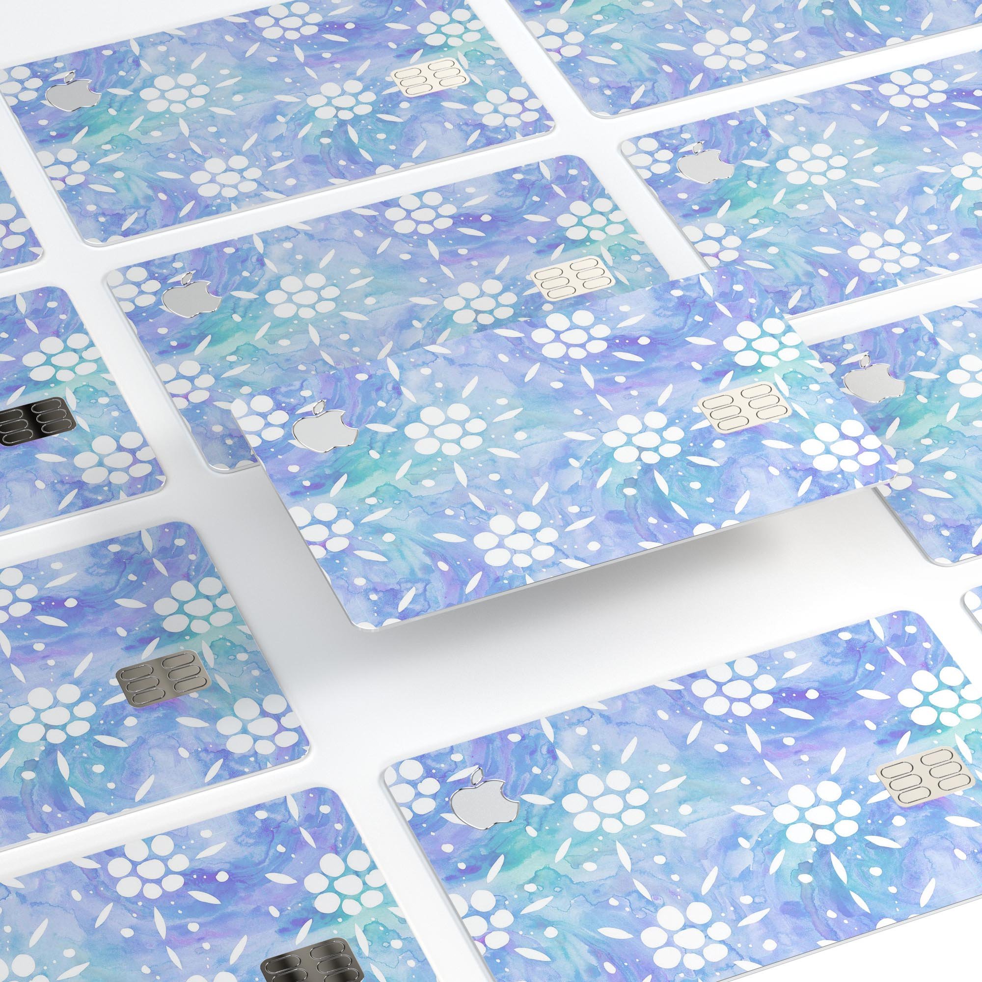 Blue Watercolor and White Flower Print skin for Apple Card, showcasing vibrant colors and premium vinyl material.