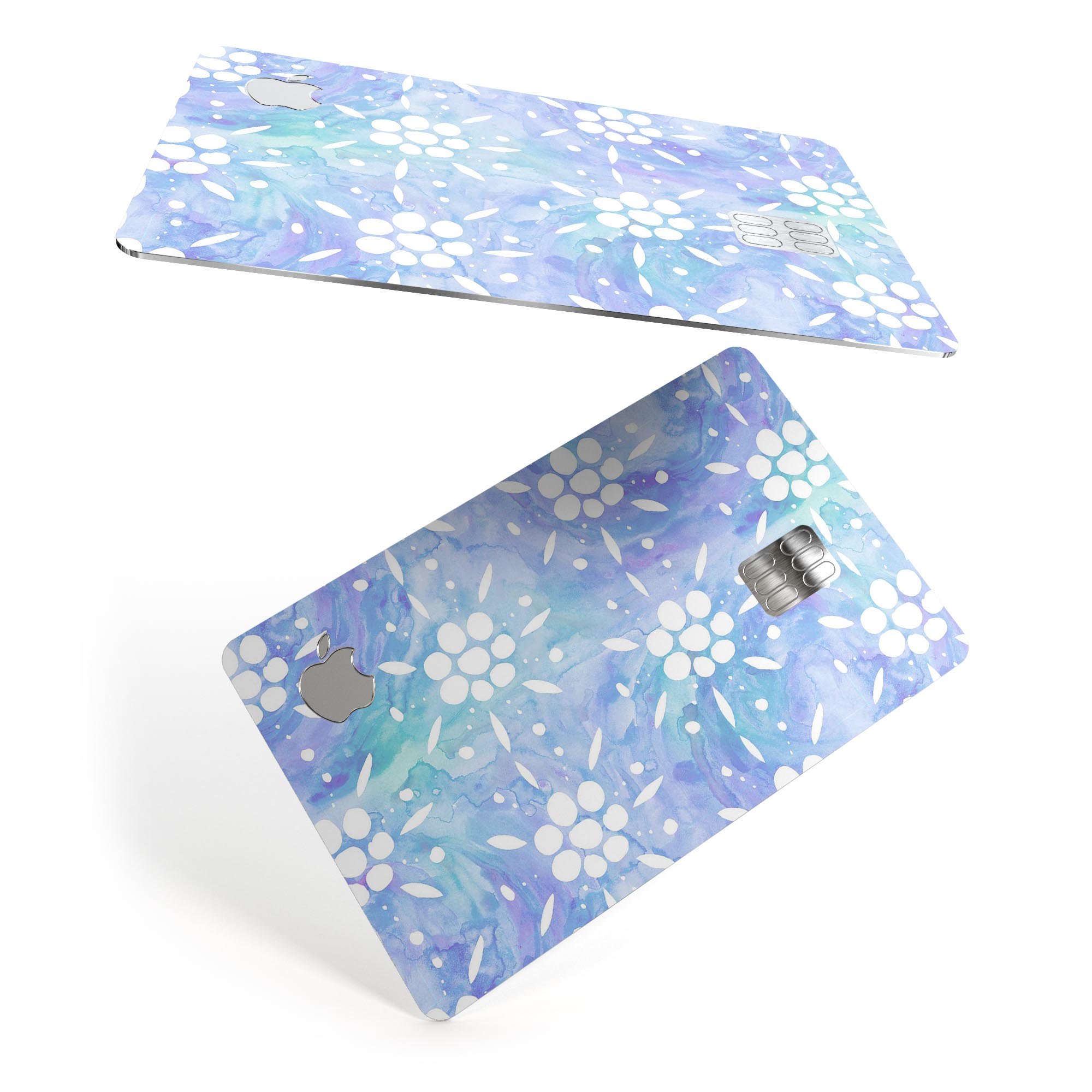 Blue Watercolor and White Flower Print skin for Apple Card, showcasing vibrant colors and premium vinyl material.