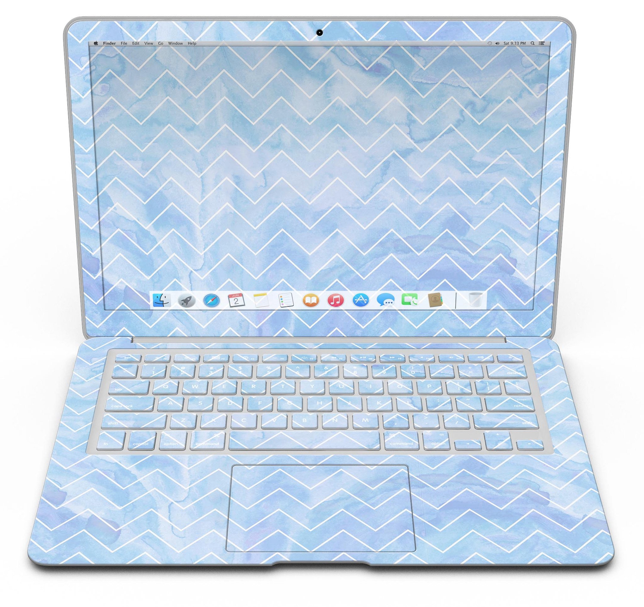 Blue Watercolor Chevron MacBook Air Skin Kit showcasing vibrant chevron pattern on premium vinyl.