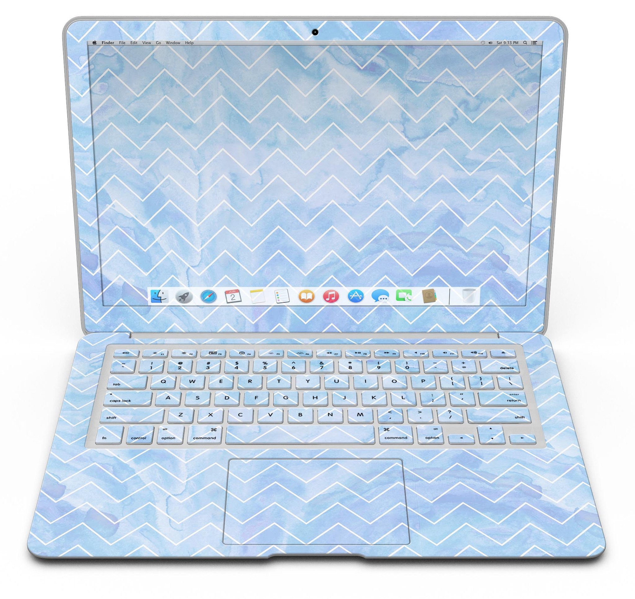 Blue Watercolor Chevron MacBook Air Skin Kit showcasing vibrant chevron pattern on premium vinyl.