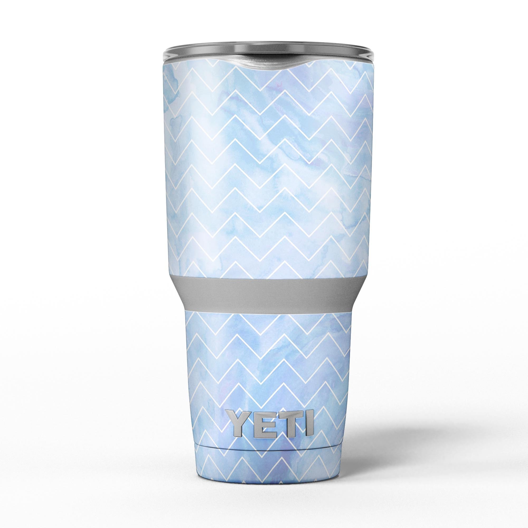 Blue Watercolor Chevron skin decal vinyl wrap kit for Yeti Coolers, showcasing vibrant colors and a stylish design.