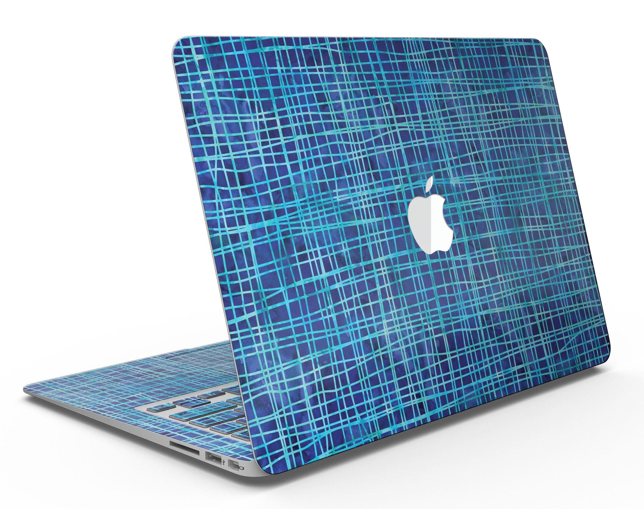 Blue Watercolor Cross Hatch skin for MacBook Air, showcasing a vibrant watercolor design with cross hatch patterns.