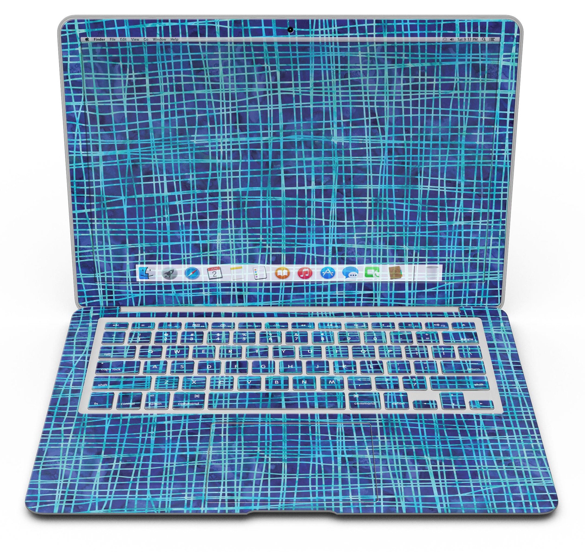 Blue Watercolor Cross Hatch skin for MacBook Air, showcasing a vibrant watercolor design with cross hatch patterns.