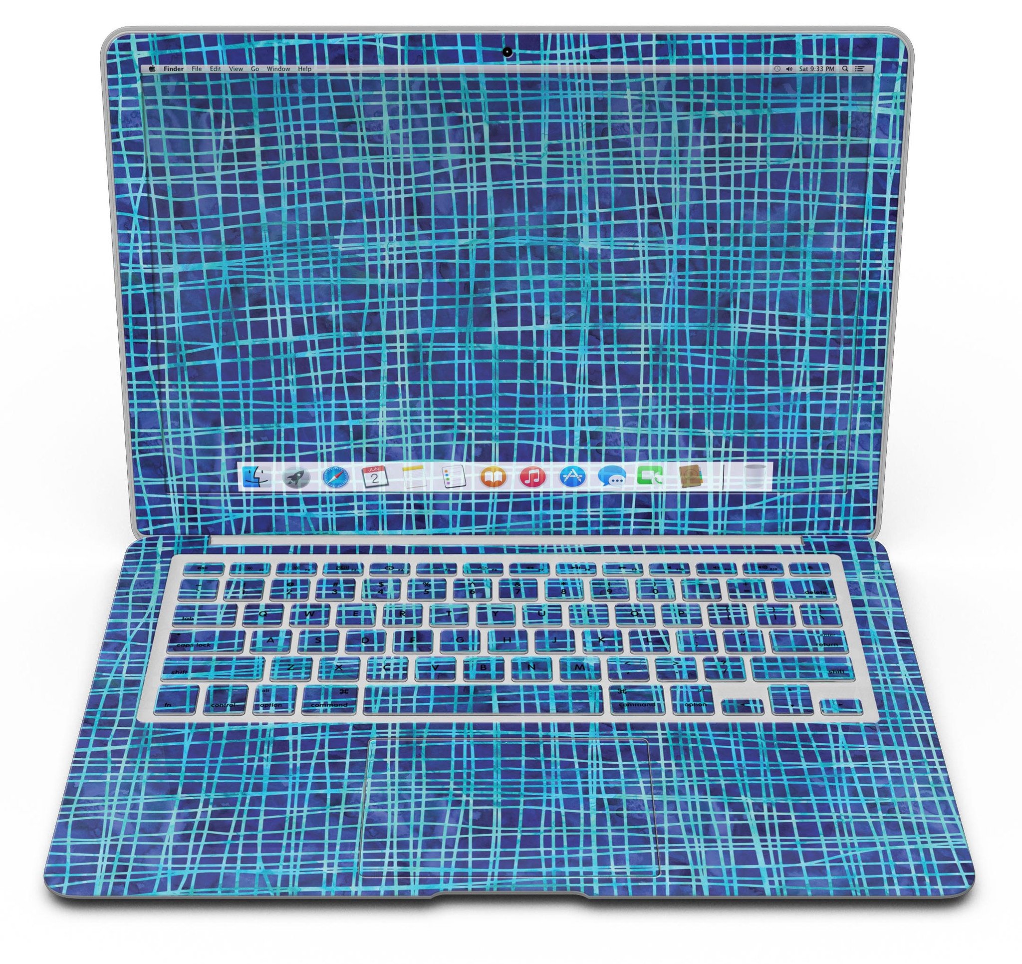 Blue Watercolor Cross Hatch skin for MacBook Air, showcasing a vibrant watercolor design with cross hatch patterns.