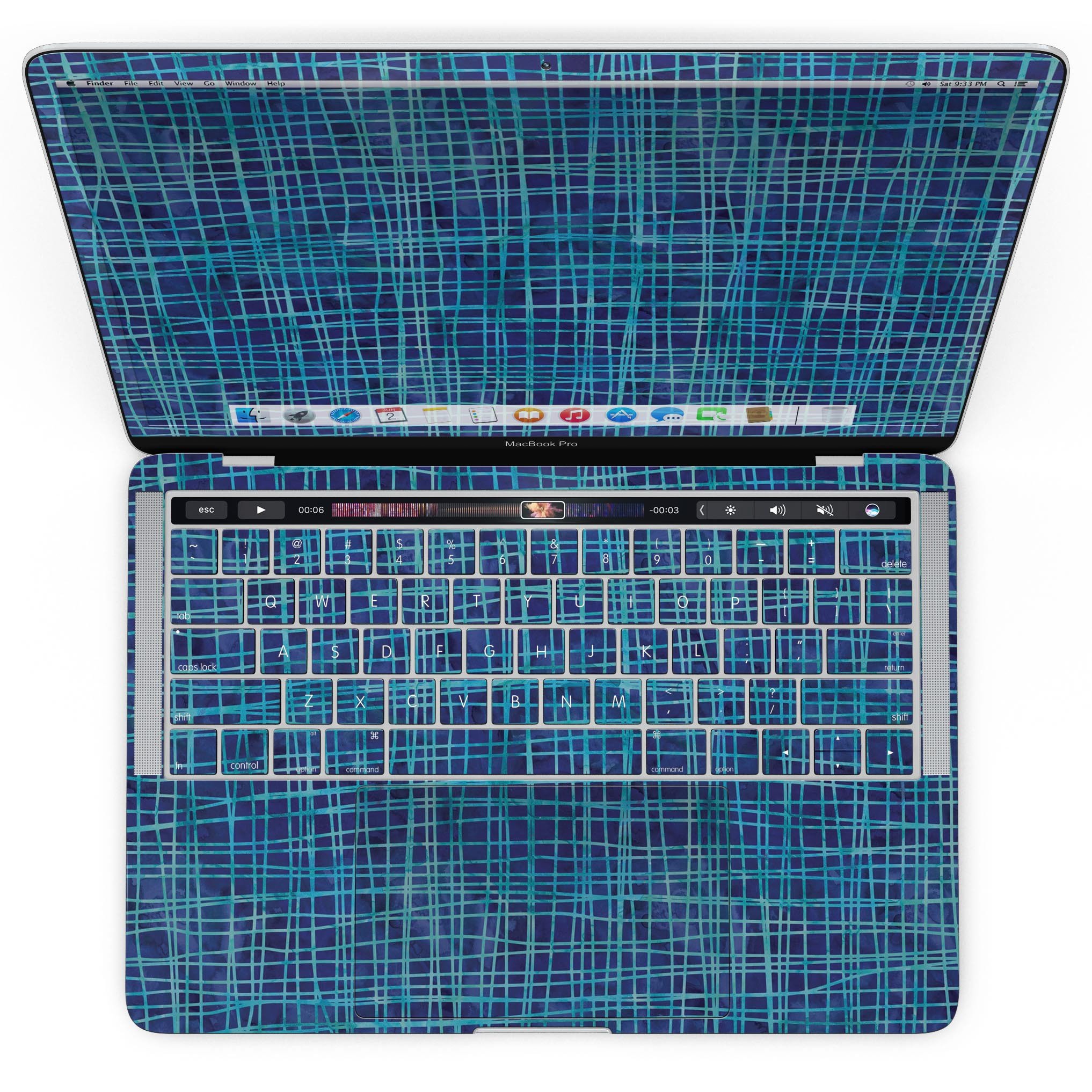 Blue Watercolor Cross Hatch skin for MacBook Pro with Touch Bar, showcasing vibrant watercolor design and premium vinyl material.