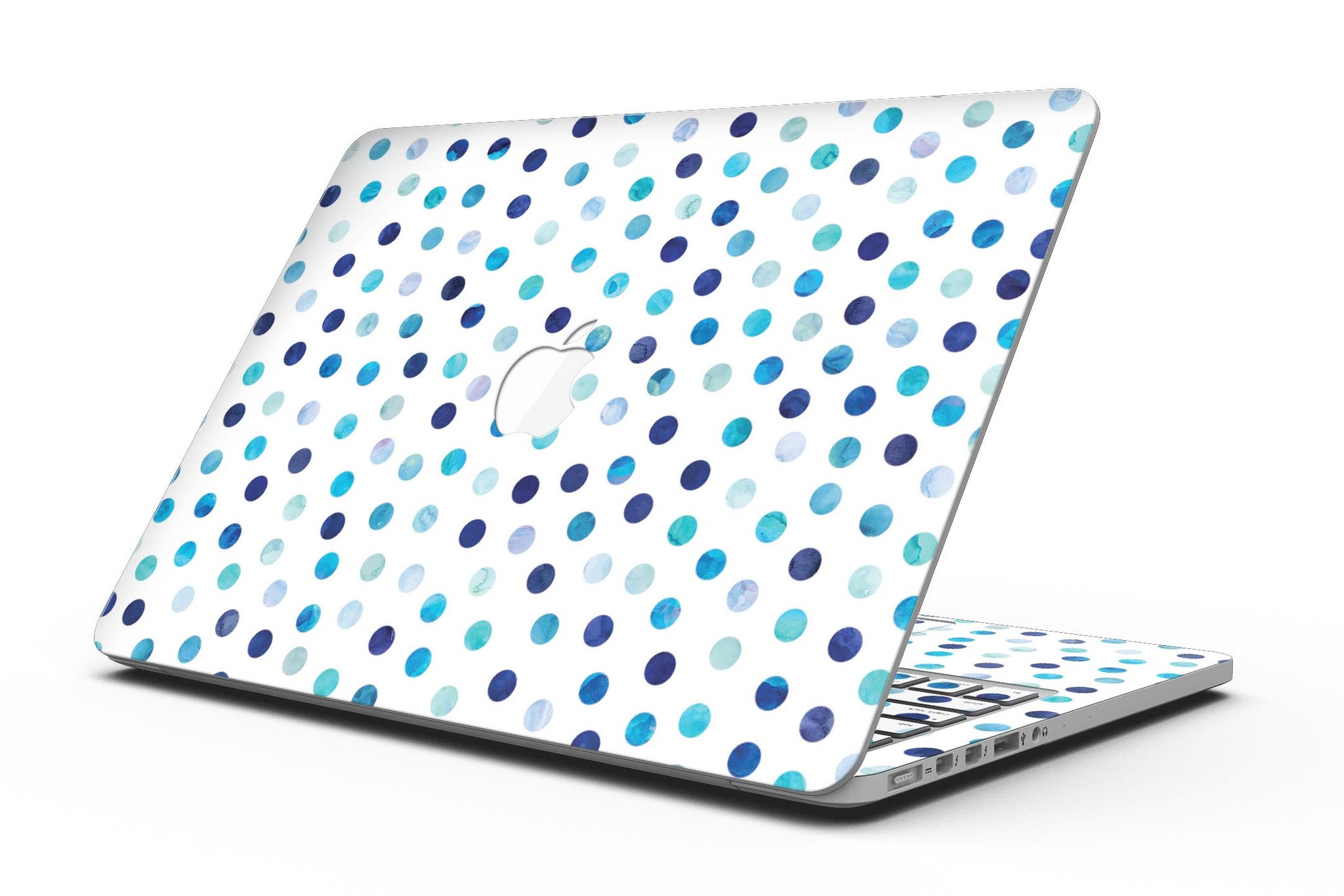 Blue Watercolor Dots skin for MacBook Pro with Retina Display, showcasing a vibrant design on a white background.