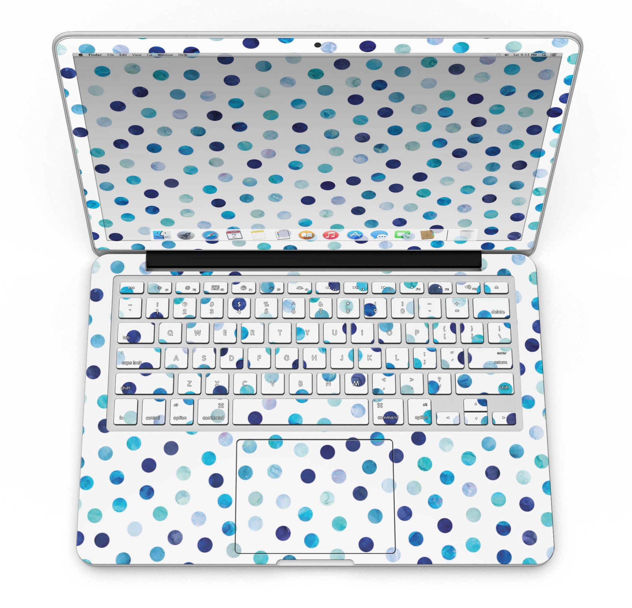 Blue Watercolor Dots skin for MacBook Pro with Retina Display, showcasing a vibrant design on a white background.