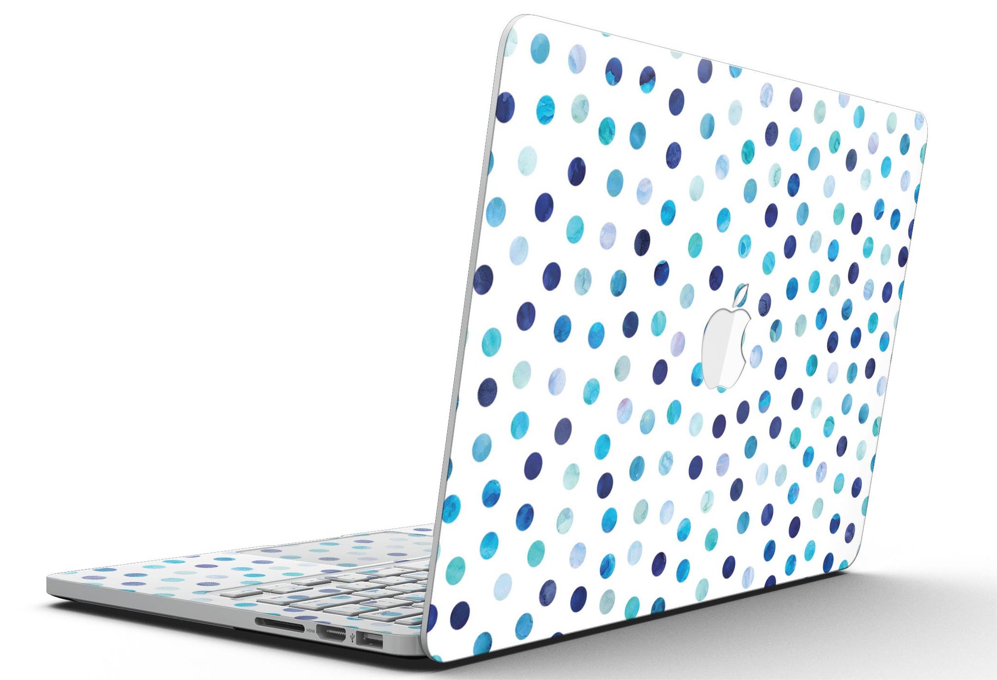 Blue Watercolor Dots skin for MacBook Pro with Retina Display, showcasing a vibrant design on a white background.