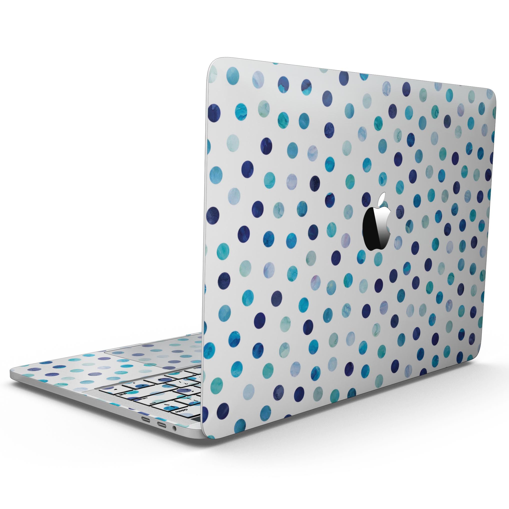 Blue Watercolor Dots skin for MacBook Pro with Touch Bar, showcasing a vibrant design on a white background.