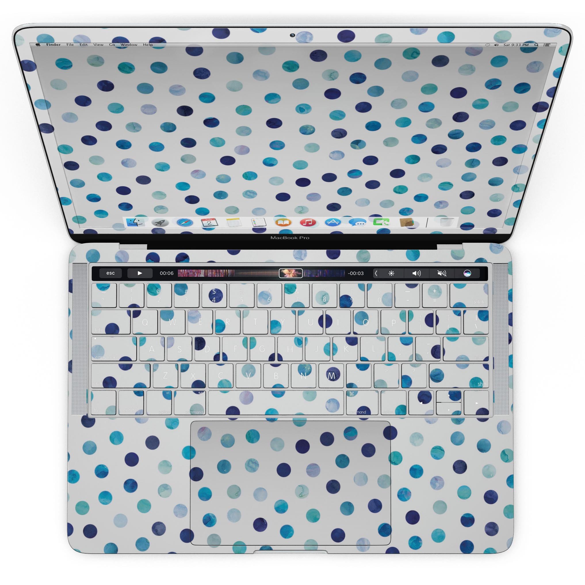 Blue Watercolor Dots skin for MacBook Pro with Touch Bar, showcasing a vibrant design on a white background.