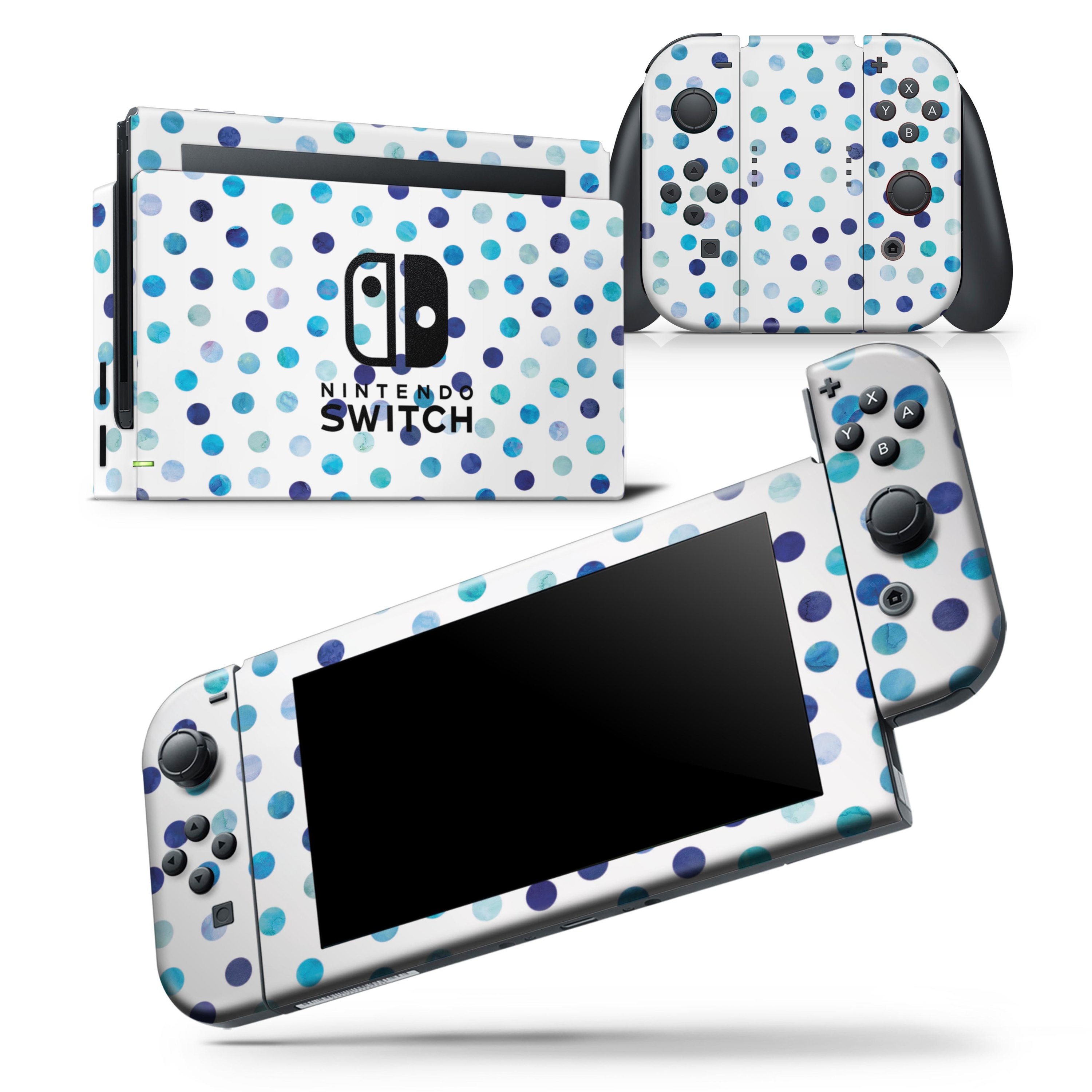 Blue Watercolor Dots skin wrap decal for Nintendo Switch, showcasing a vibrant design over a white background, perfect for personalizing your gaming console.