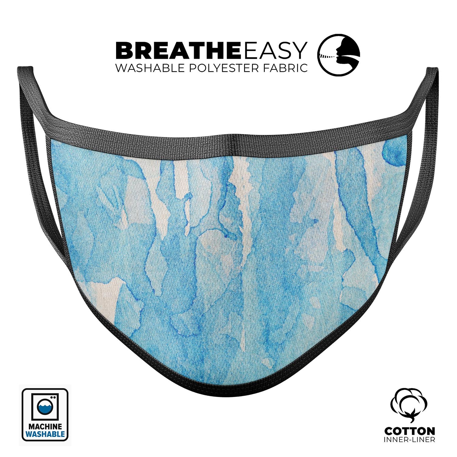 Blue Watercolor Drizzle mouth cover, a stylish unisex anti-dust mask made in the USA, featuring a vibrant watercolor design.