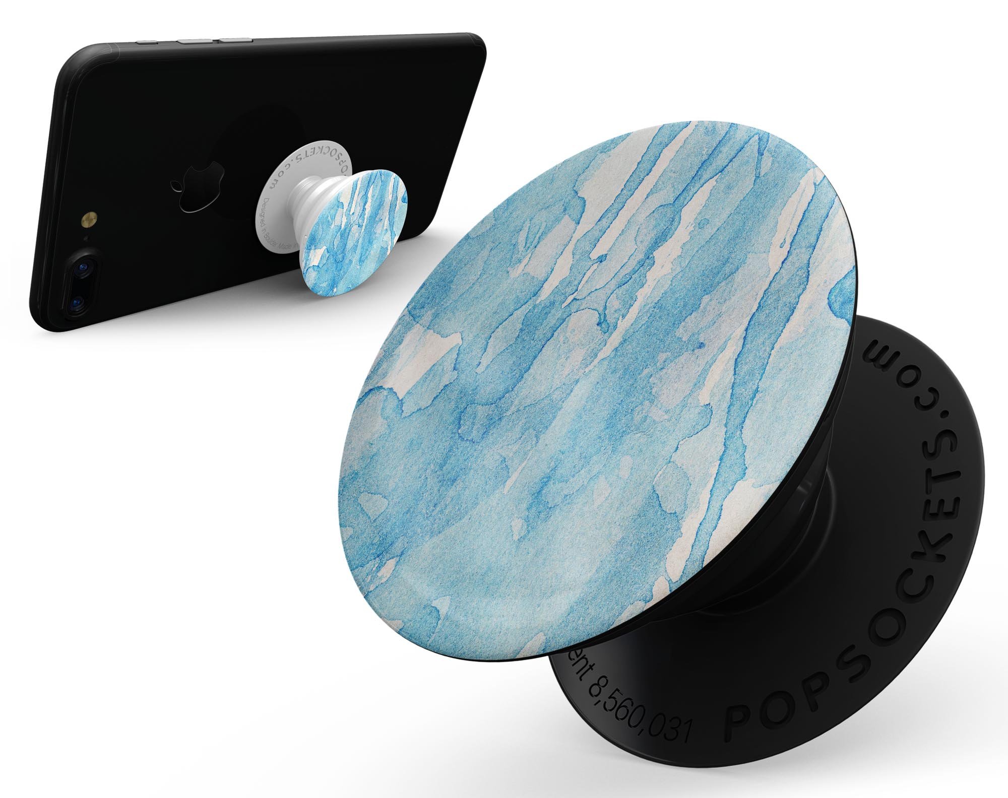 Blue Watercolor Drizzle Skin Kit for PopSockets, featuring a vibrant watercolor design on premium vinyl.