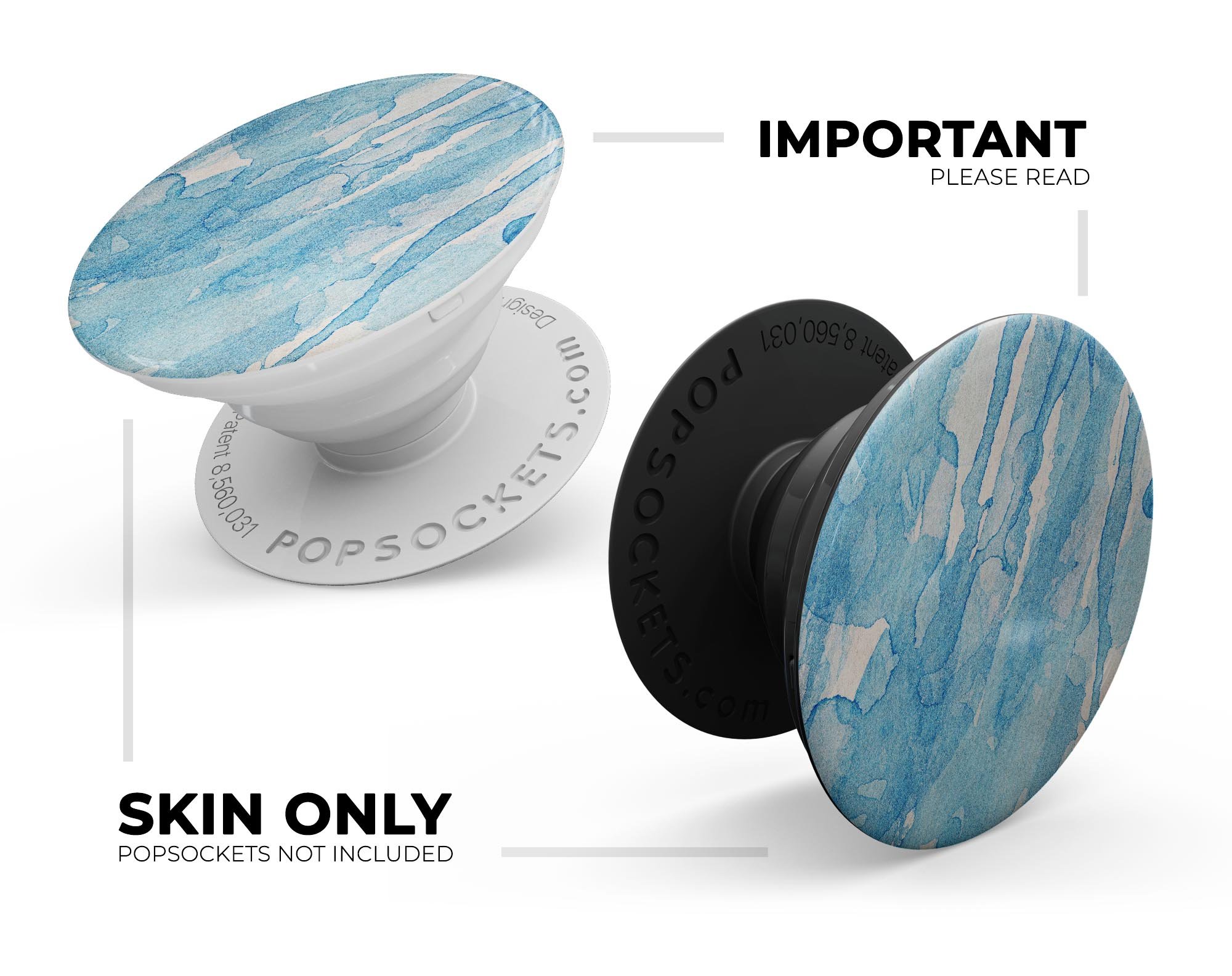 Blue Watercolor Drizzle Skin Kit for PopSockets, featuring a vibrant watercolor design on premium vinyl.