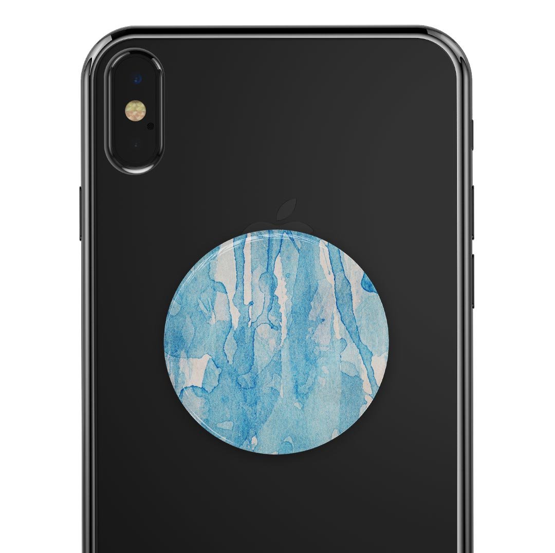 Blue Watercolor Drizzle Skin Kit for PopSockets, featuring a vibrant watercolor design on premium vinyl.